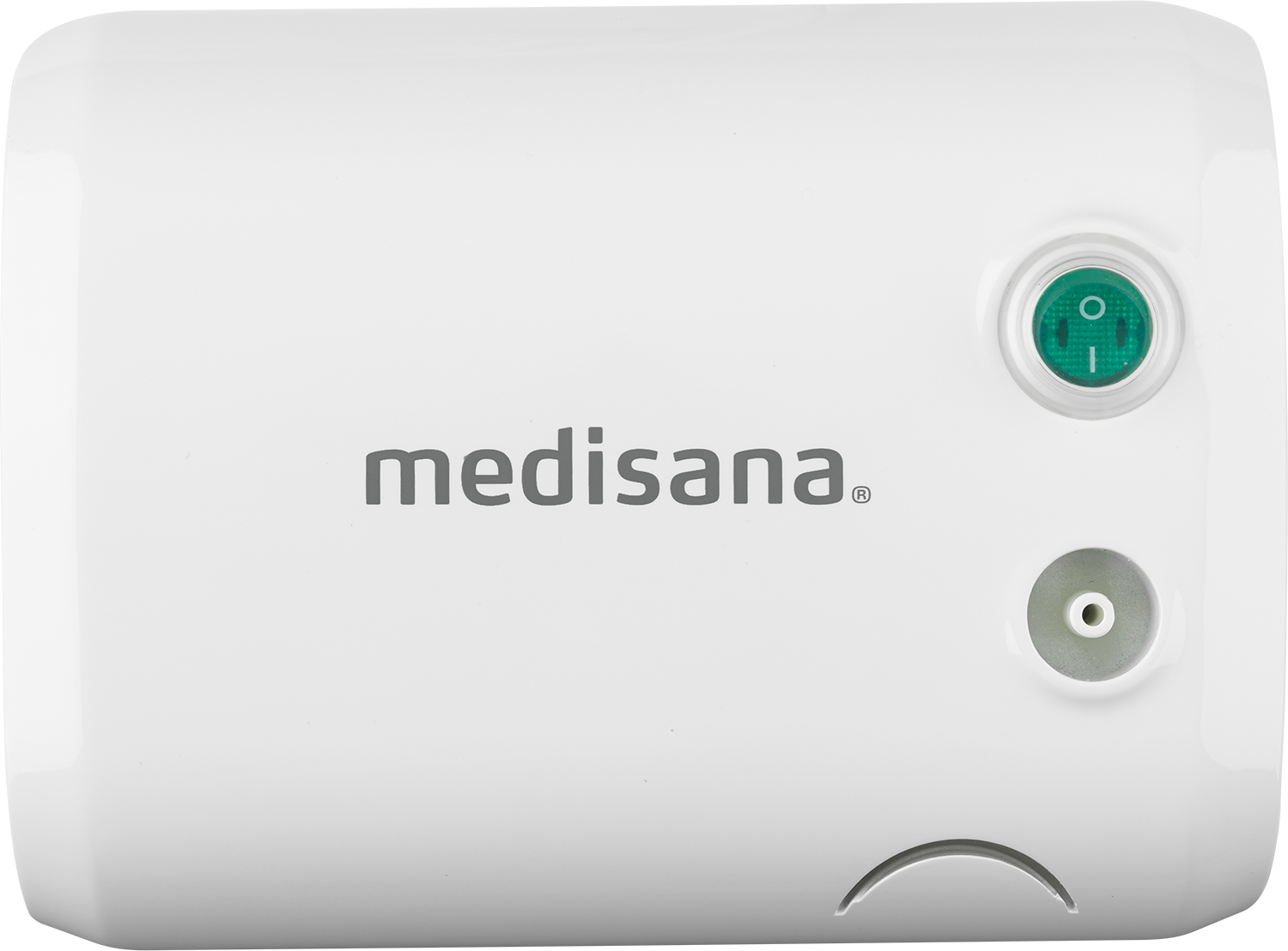 White nebulizer with green power button. The brand name 'medisana' is on the front.