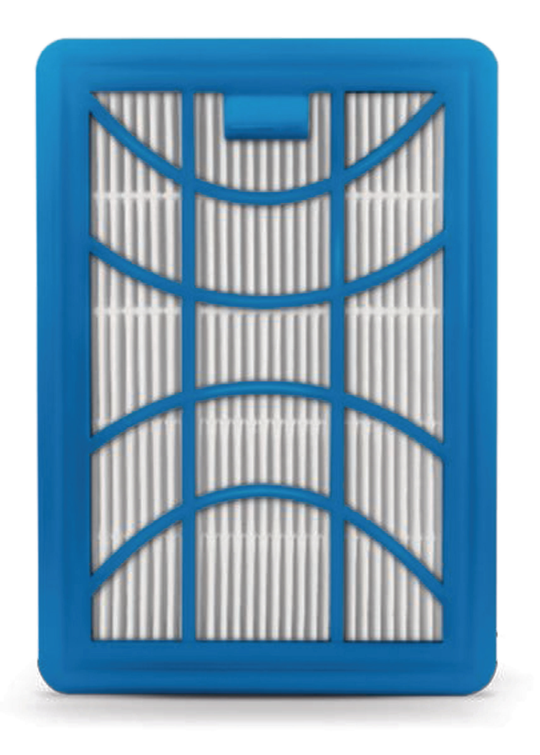 Blauer Luftfilter mit weißem Filtergitter im Inneren, in einem blauen Rahmen.