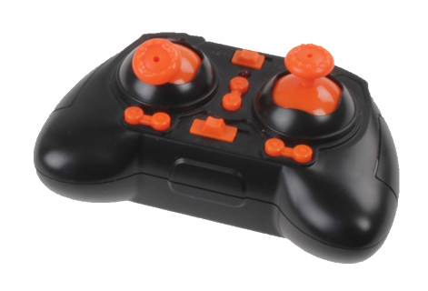 Schwarze Drohnensteuerung mit orangefarbenen Bedienelementen. Zwei Joysticks und vier Tasten. Weißer Hintergrund.