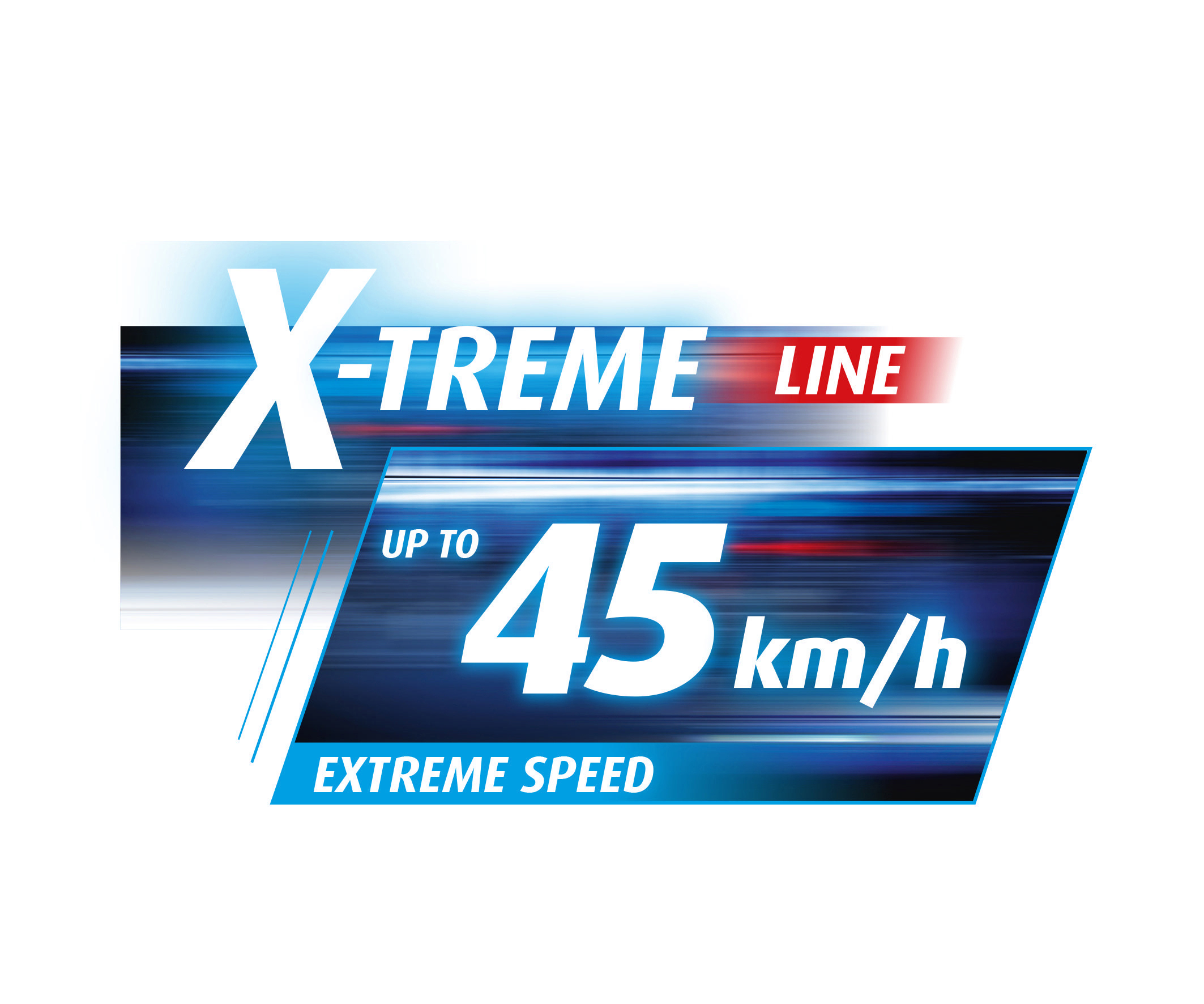 Weißer Hintergrund mit blauem und weißem Text. Der Text lautet 'X-TREME LINE' und '45 km/h'.