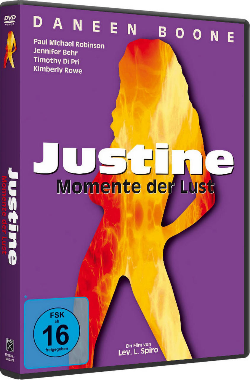 DVD-Cover für 'Justine' mit einer Frauensilhouette in Flammen.