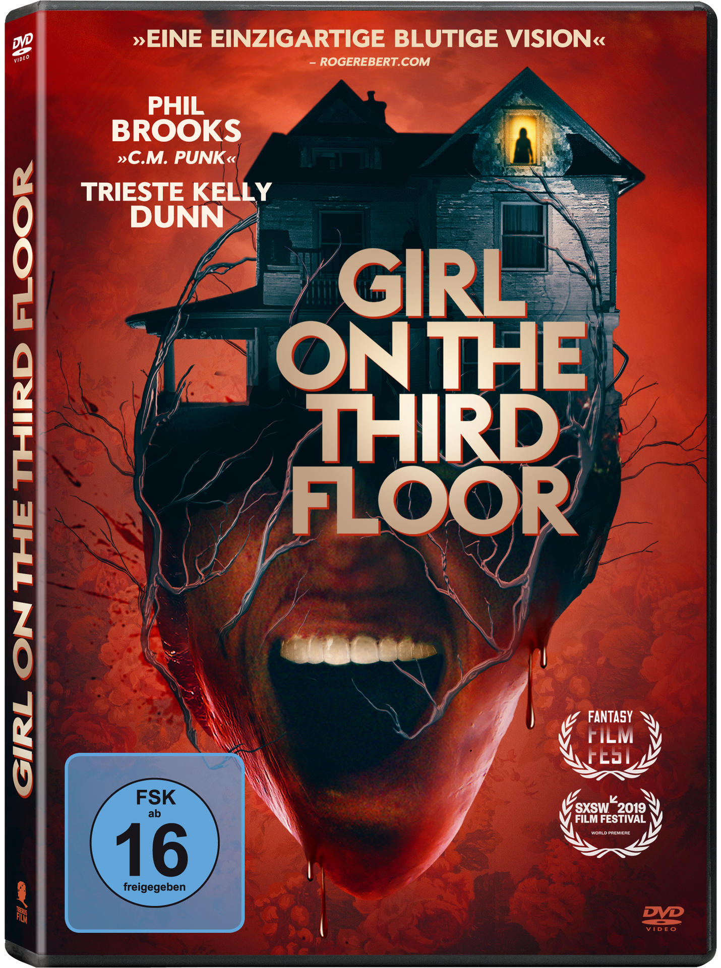Film-DVD-Cover mit dem Titel "Girl on the Third Floor", einem Haus und einem Gesicht.