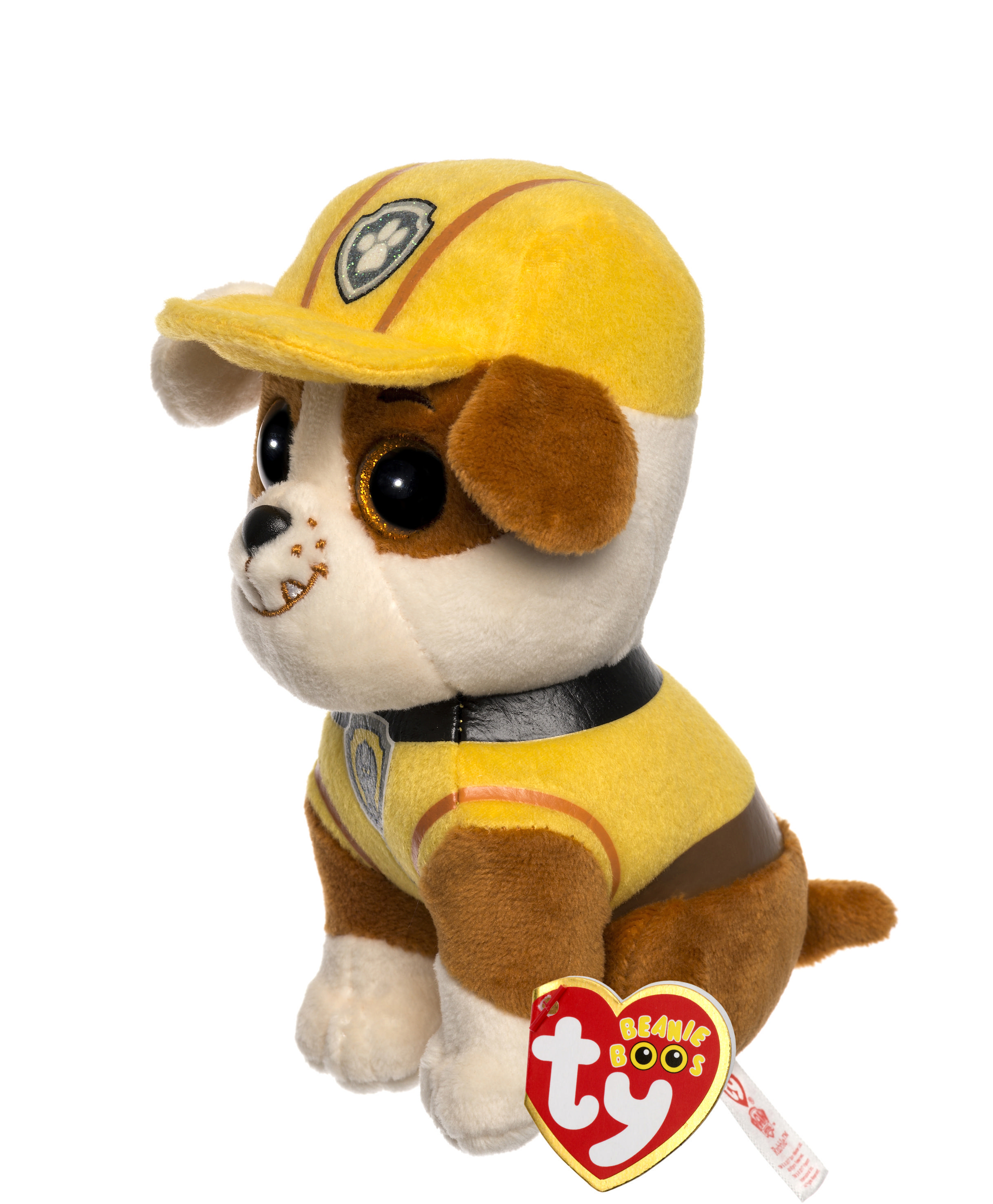 Ein Stoffhundespielzeug mit gelbem Feuerwehrhut und -uniform.