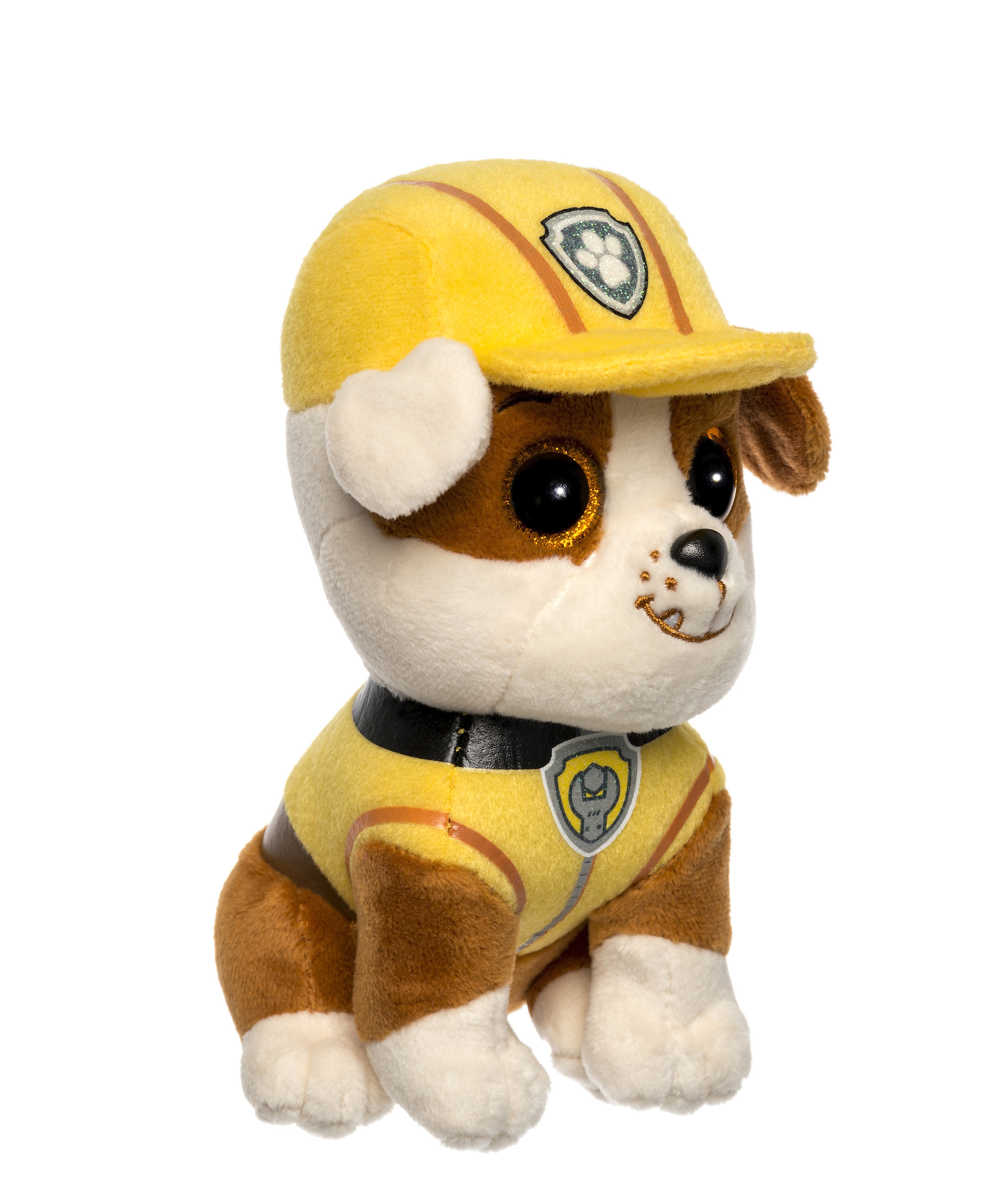 Ein Plüschtier von Rubble aus Paw Patrol, das einen gelben Bauhelm trägt.