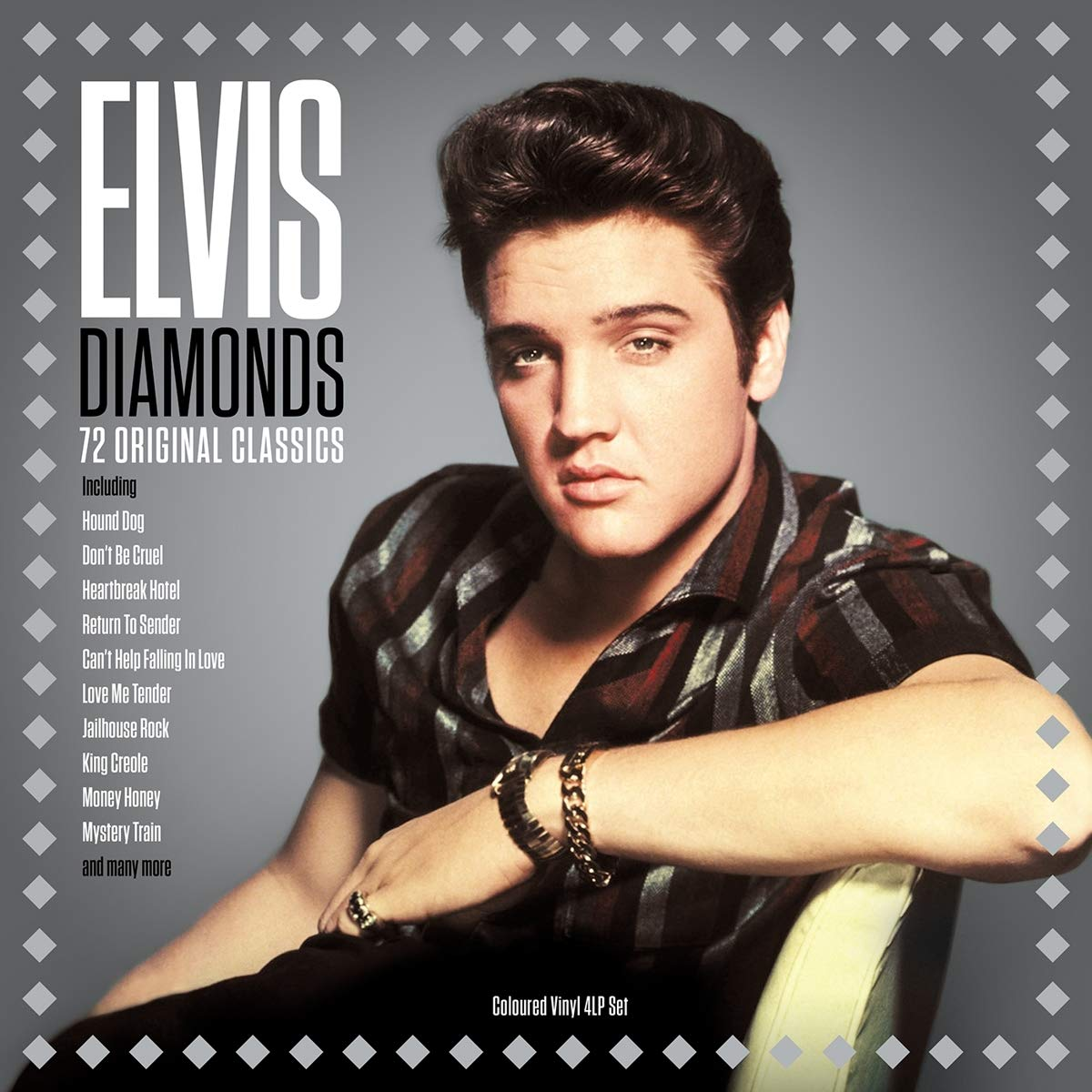 Album borító: Elvis Presley 'ELVIS DIAMONDS' felirattal, az album tartalmazza a 'Hound Dog' és a 'Heartbreak Hotel' dalokat.