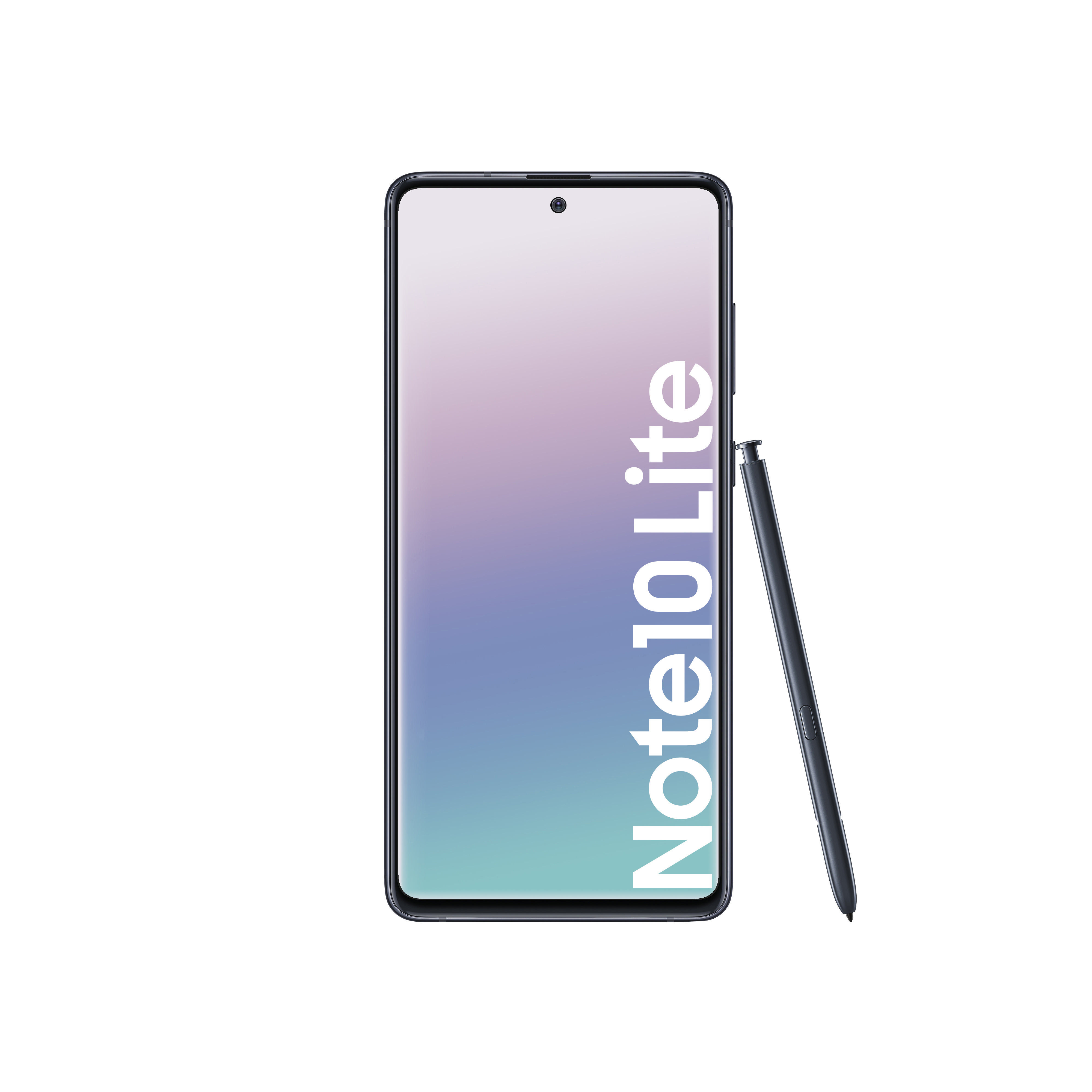 Ein schwarzes Smartphone mit Stift. Der Bildschirm zeigt 'Note10 Lite' in weißem Text.
