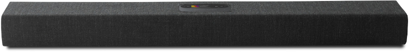 Een zwarte soundbar met een klein bedieningspaneel aan de bovenkant.