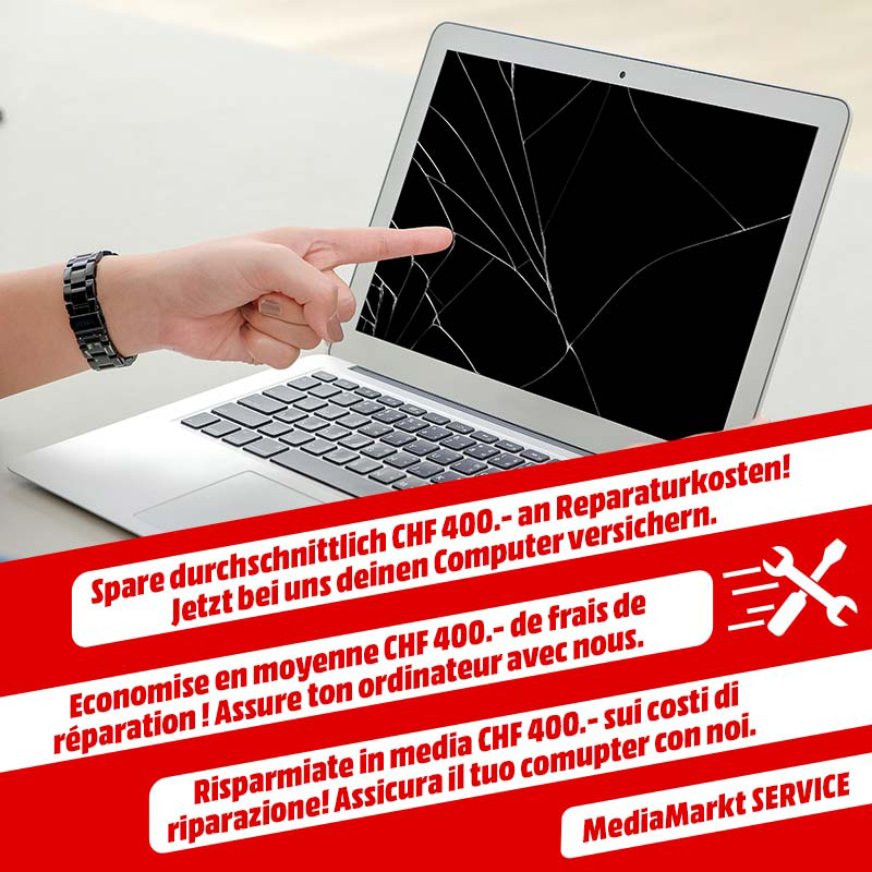 Eine Person zeigt auf einen Laptop mit einem zerbrochenen Bildschirm. Rotes Banner mit Text über Computerreparaturkosten.