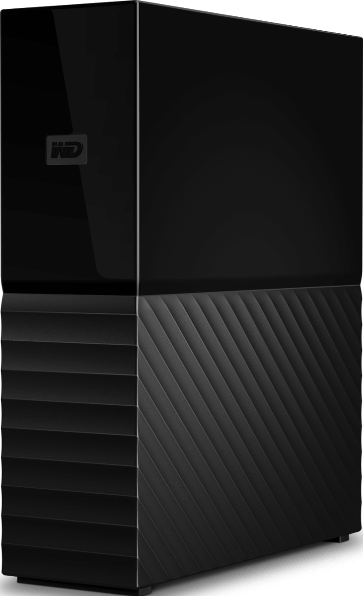 Un disque dur externe WD noir, avec un dessus brillant et un dessous texturé.