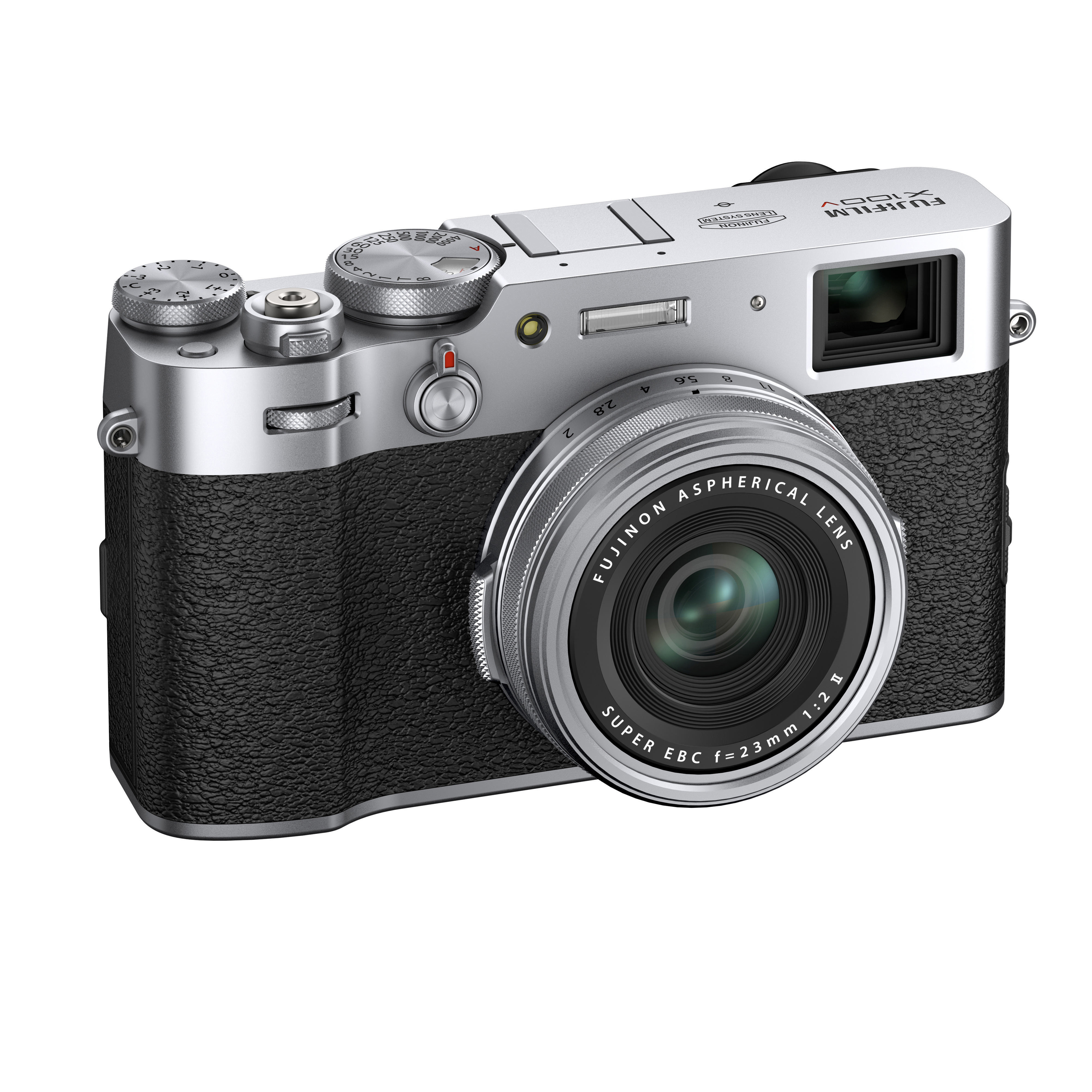 Silberne und schwarze Kamera. FujiFilm X100V mit Objektiv, Rädern und Griff.