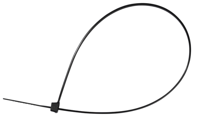 Schwarzer Kabelbinder, eine Schlaufe mit einem Verriegelungsmechanismus am Ende.