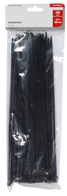 Schwarze Kabelbinder in einer durchsichtigen Plastiktüte. Text auf der Tüte: 'Kabelbinder' und 'Vivanco'.
