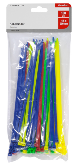 Eine Packung bunter Kabelbinder. Sie sind rot, blau, grün und gelb.