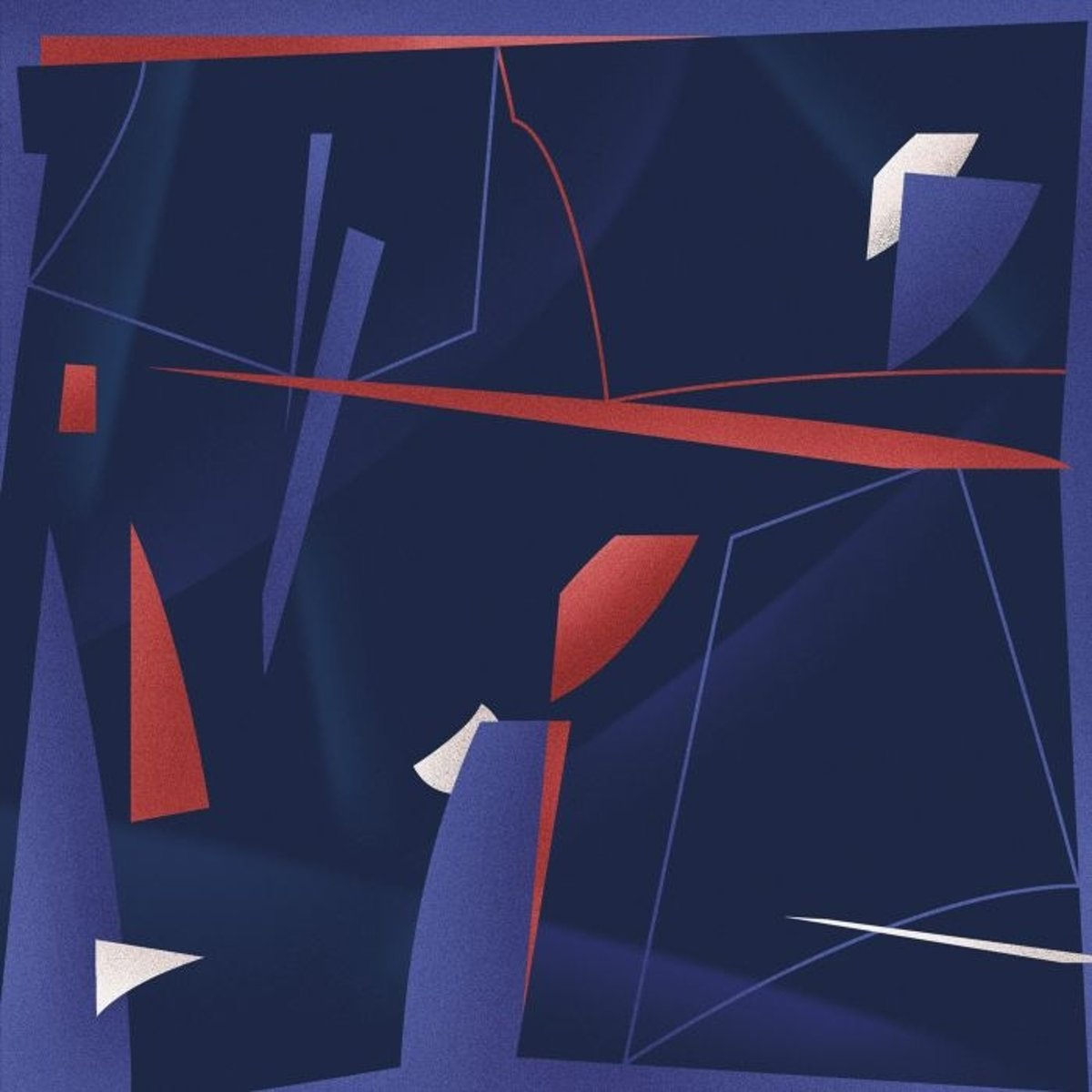 Art abstrait avec formes géométriques rouges et blanches sur fond bleu foncé.