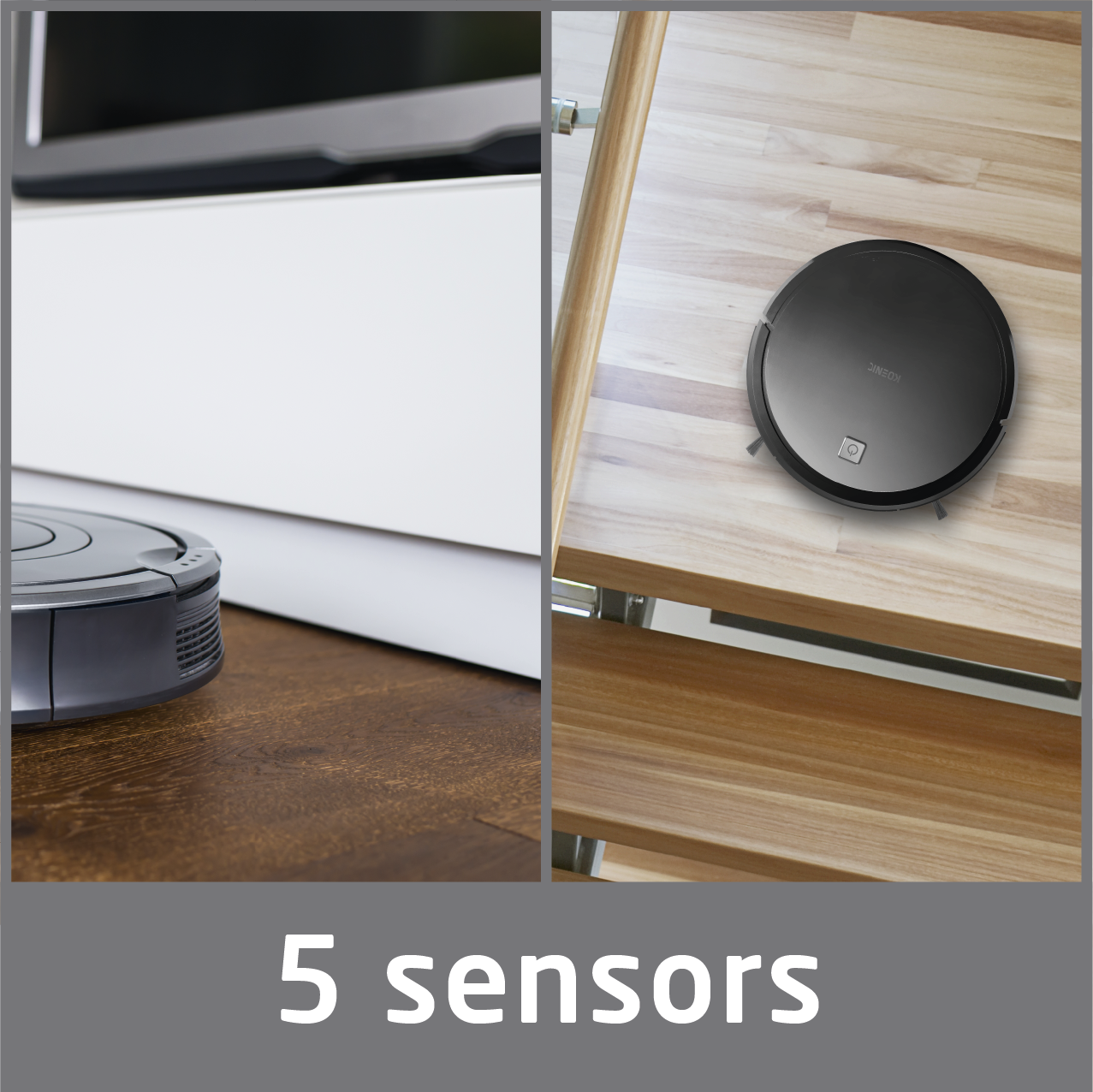 Zwei Roboter-Staubsauger, einer auf dem Boden und einer auf der Treppe, mit dem Text '5 Sensoren'.