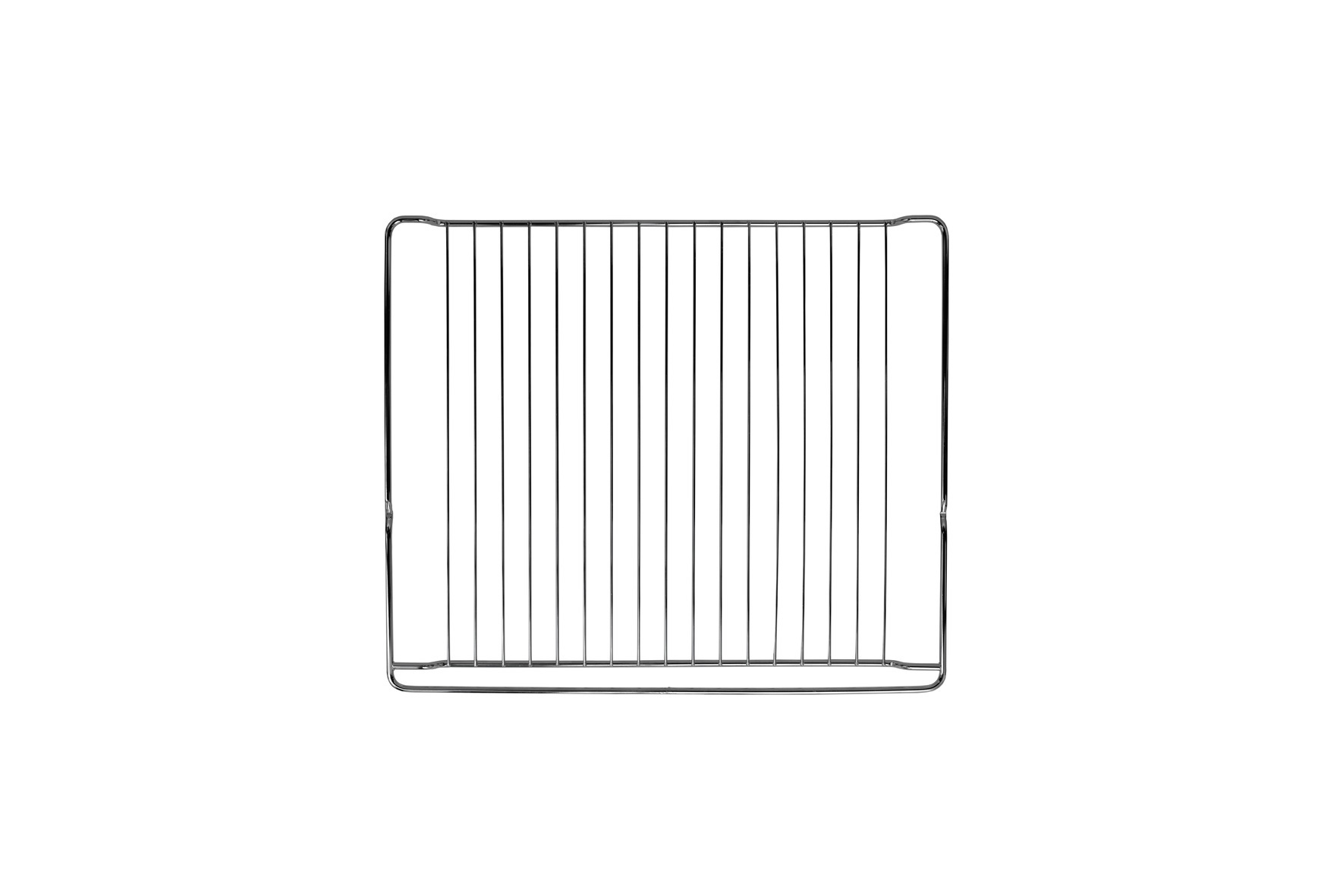 Ein verchromtes Backofengitter, flach und rechteckig, vor weißem Hintergrund.