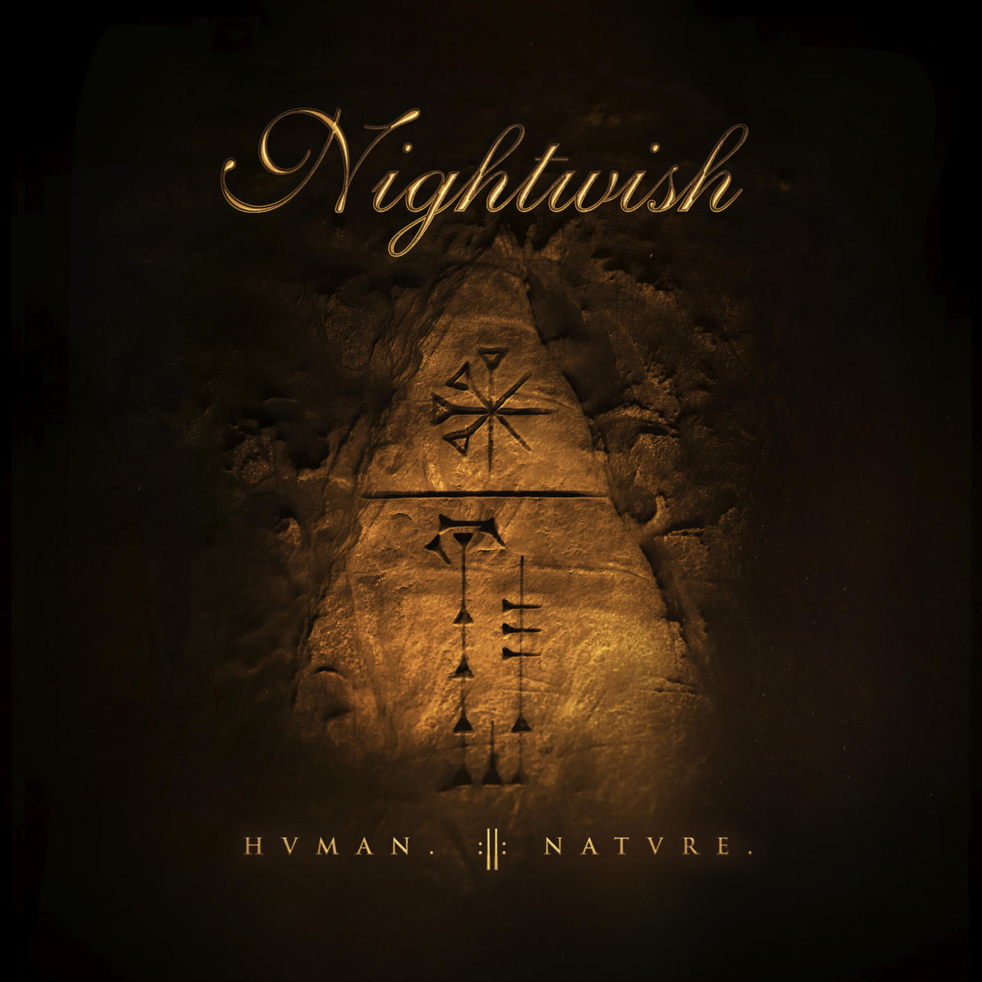Albumcover mit dem Bandnamen 'Nightwish' in goldener Schrift und einer Steinschnitzerei mit Symbolen.