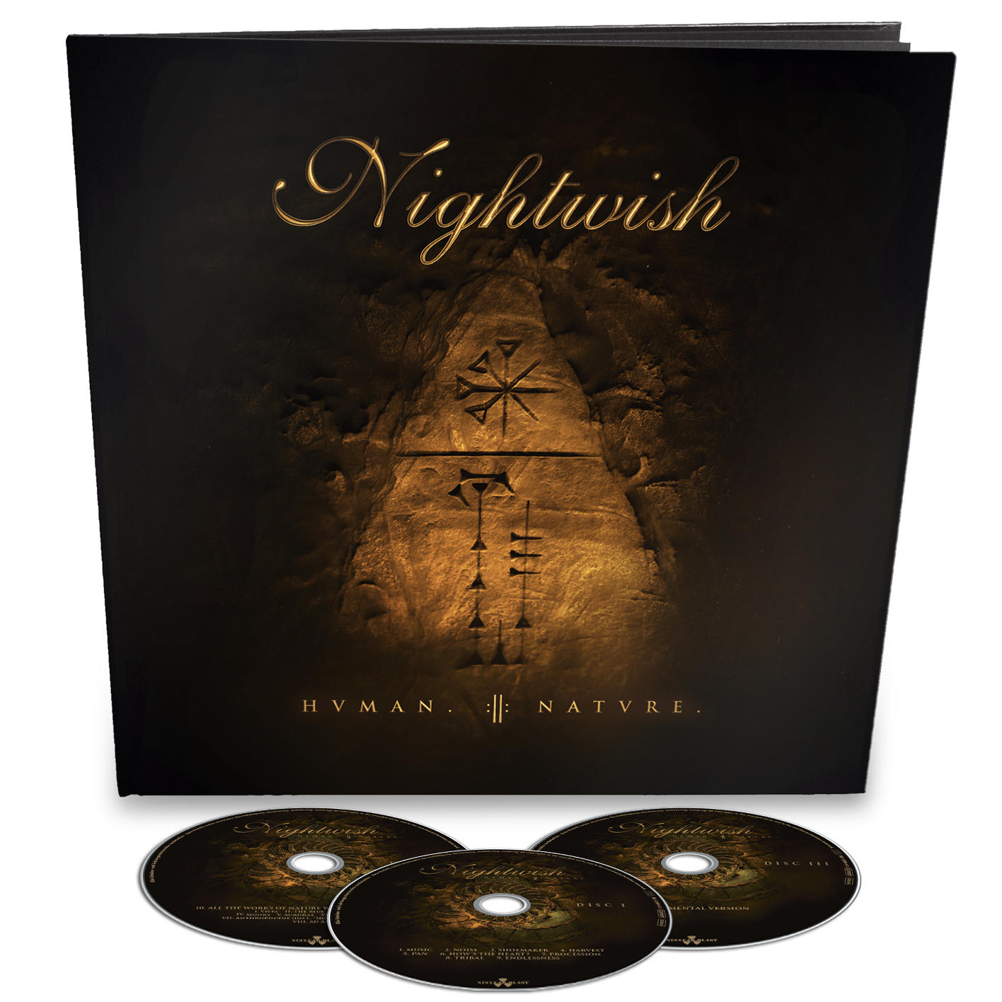 Nightwish-Albumcover mit goldenem Titel, zentralem Bild mit Symbolen und drei CDs darunter.