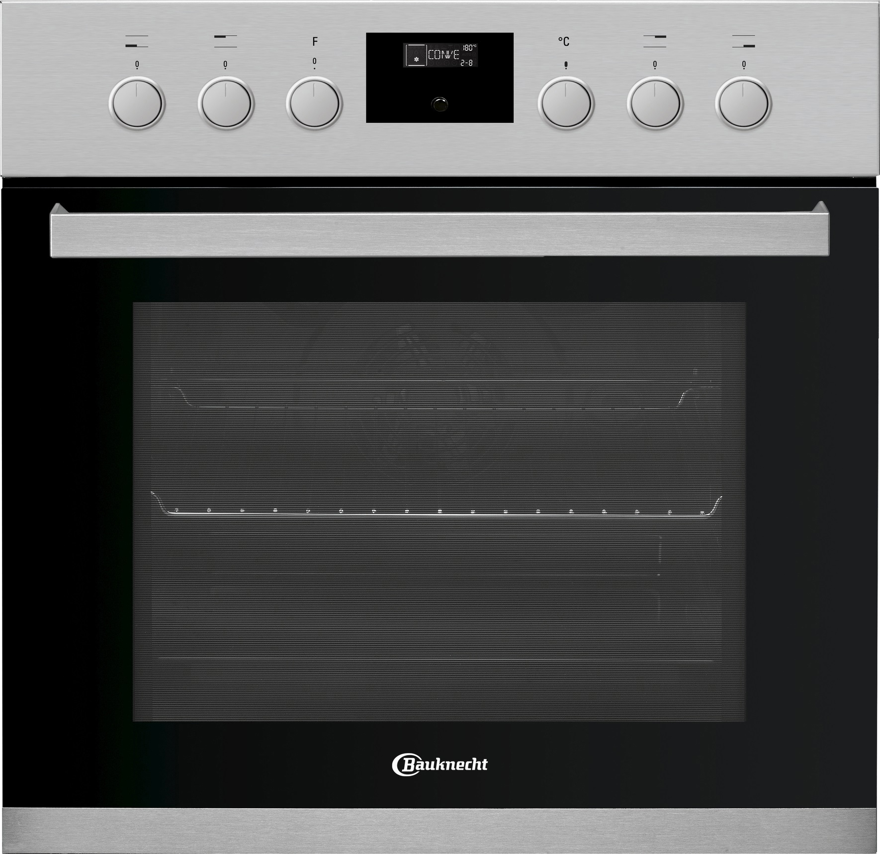Ein Einbau-Backofen mit schwarzer Tür und Digitalanzeige. Der Ofen ist silberfarben.