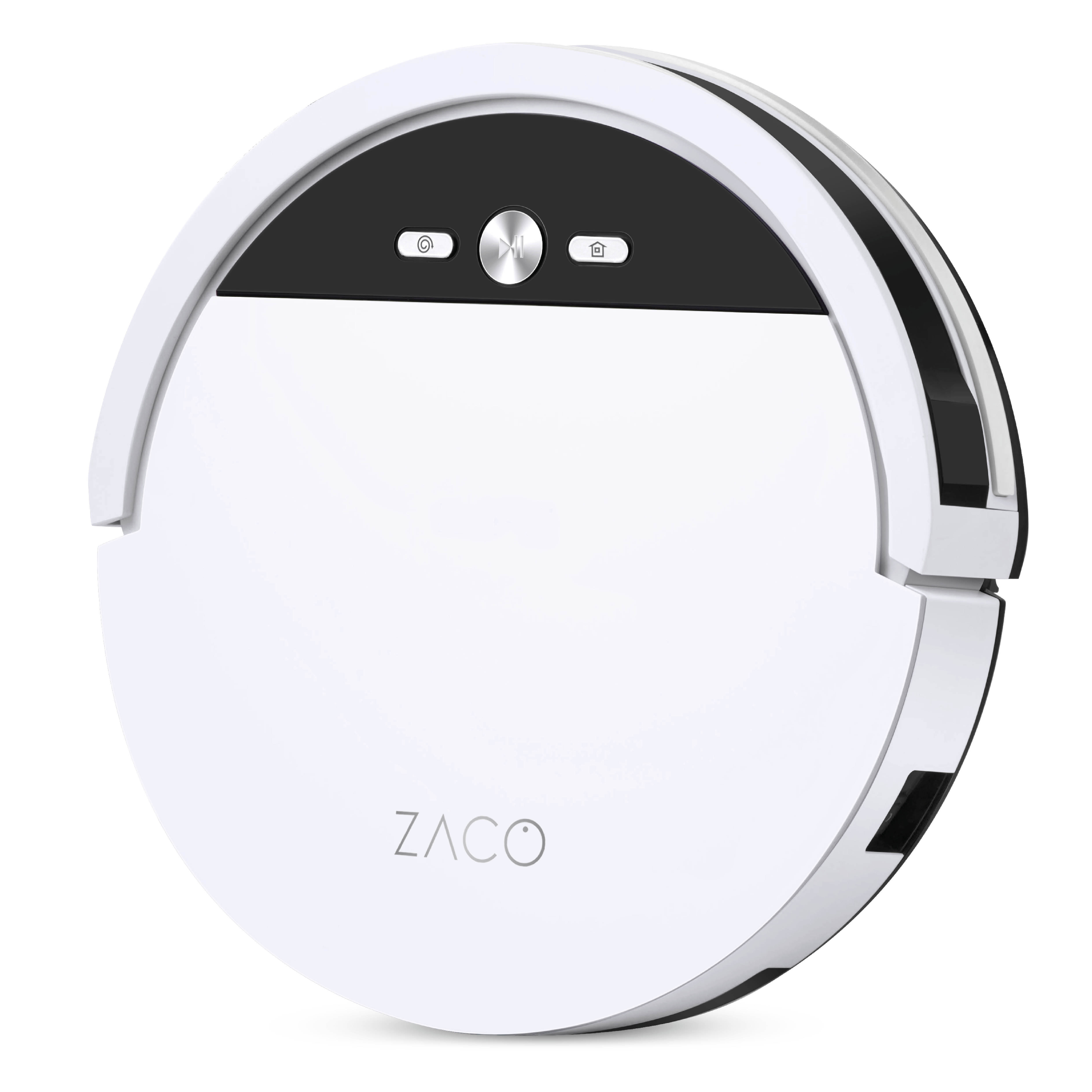 Weißer und schwarzer Zaco Roboterstaubsauger. Hat einen Einschaltknopf und ein kameraähnliches Objektiv.