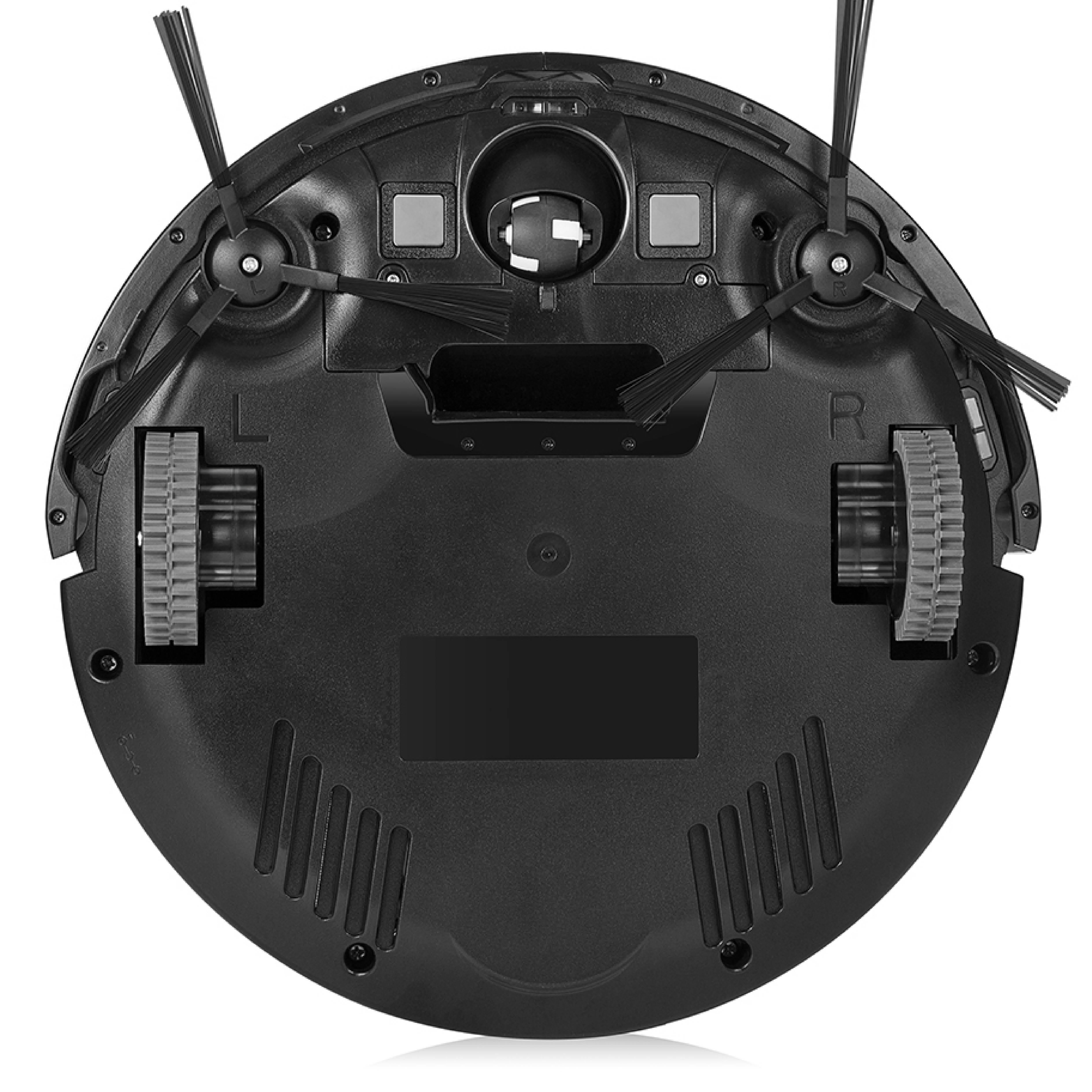 Eine Unteransicht eines schwarzen Roboter-Staubsaugers mit Rädern und Bürsten.