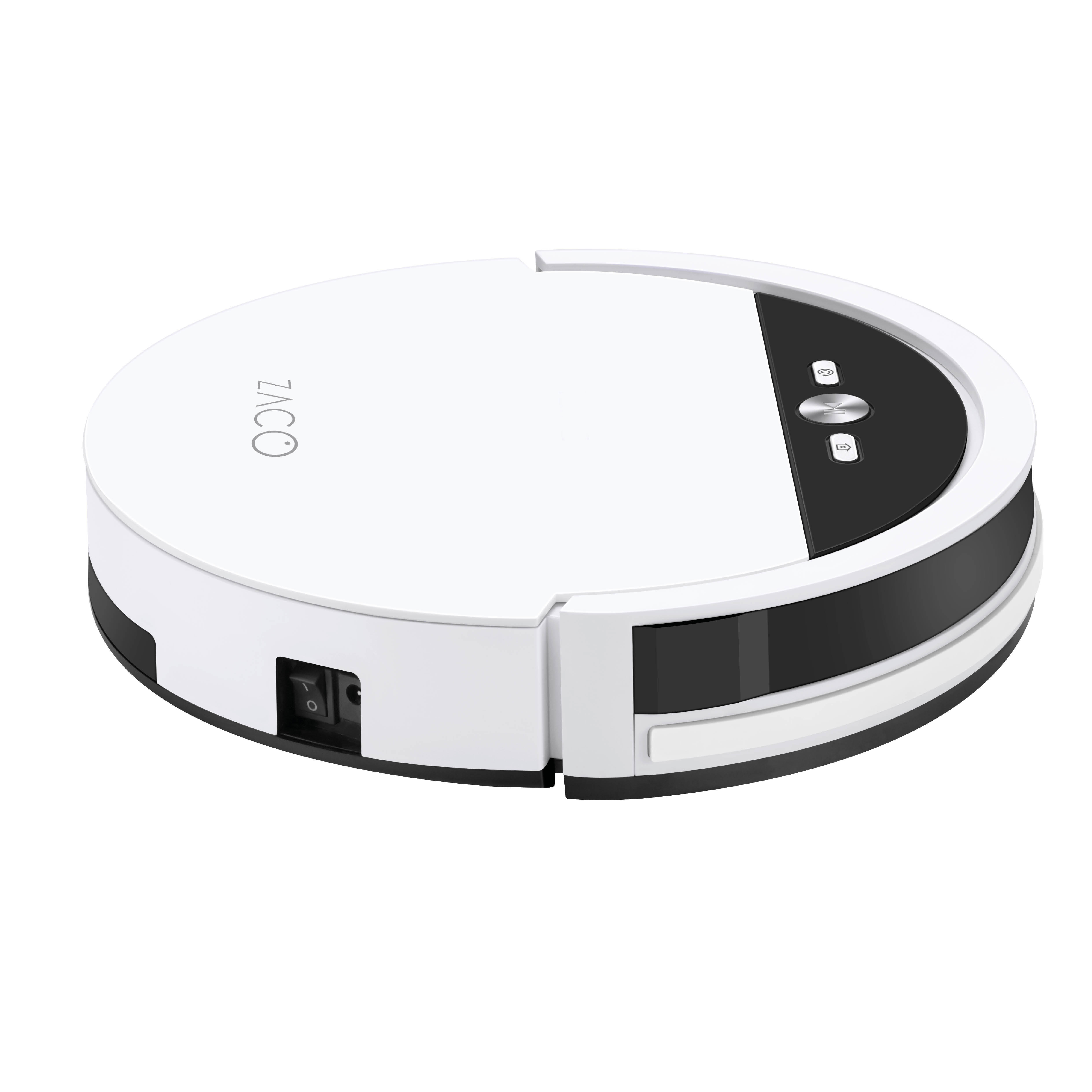 Weiß-schwarzer Roboter-Staubsauger, schräge Ansicht, weiß.