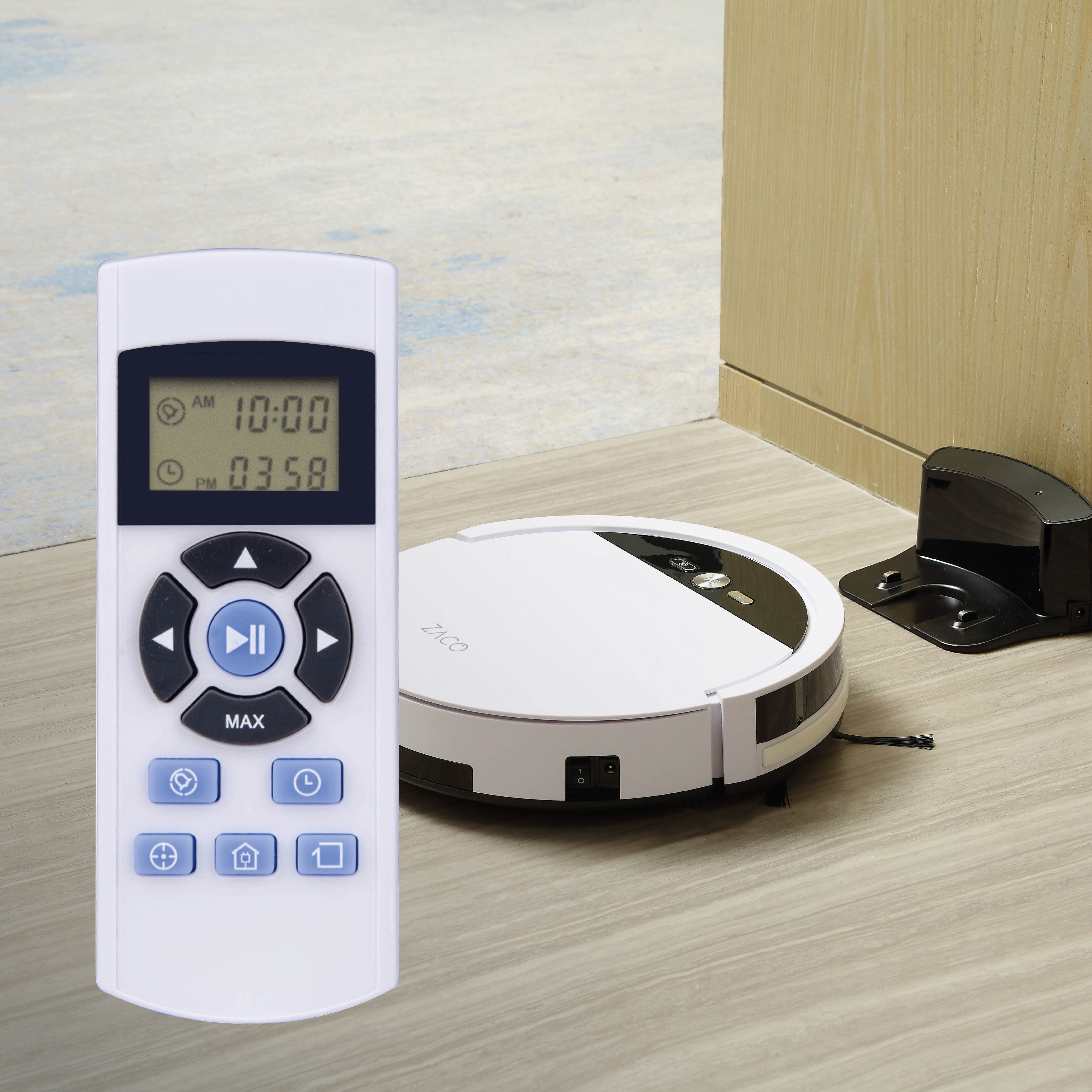 Ein Roboter-Staubsauger mit Fernbedienung und Ladestation.