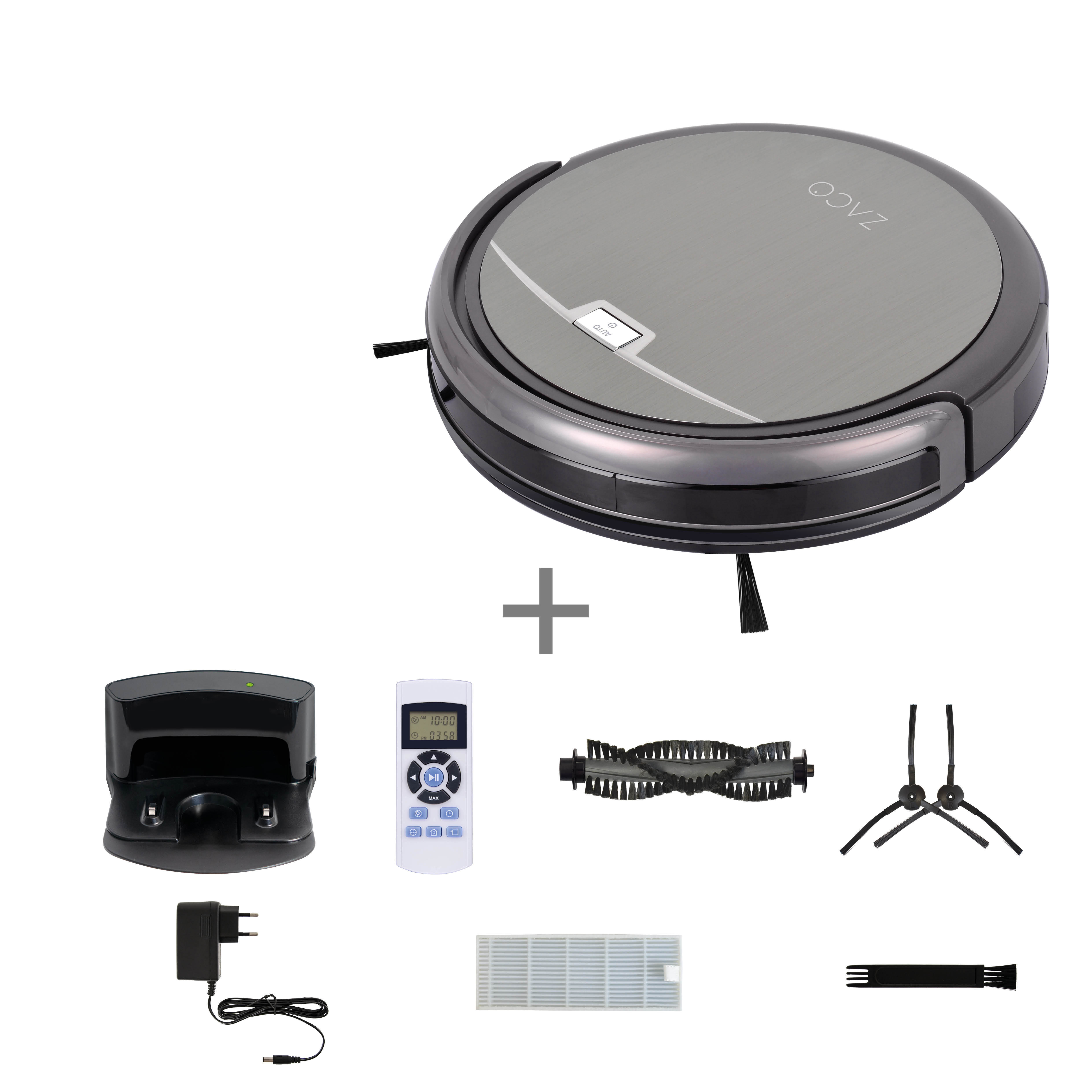 Roboter-Staubsauger mit Ladestation, Fernbedienung, Bürsten, Filter und Ladegerät. Alle Artikel sind sichtbar.