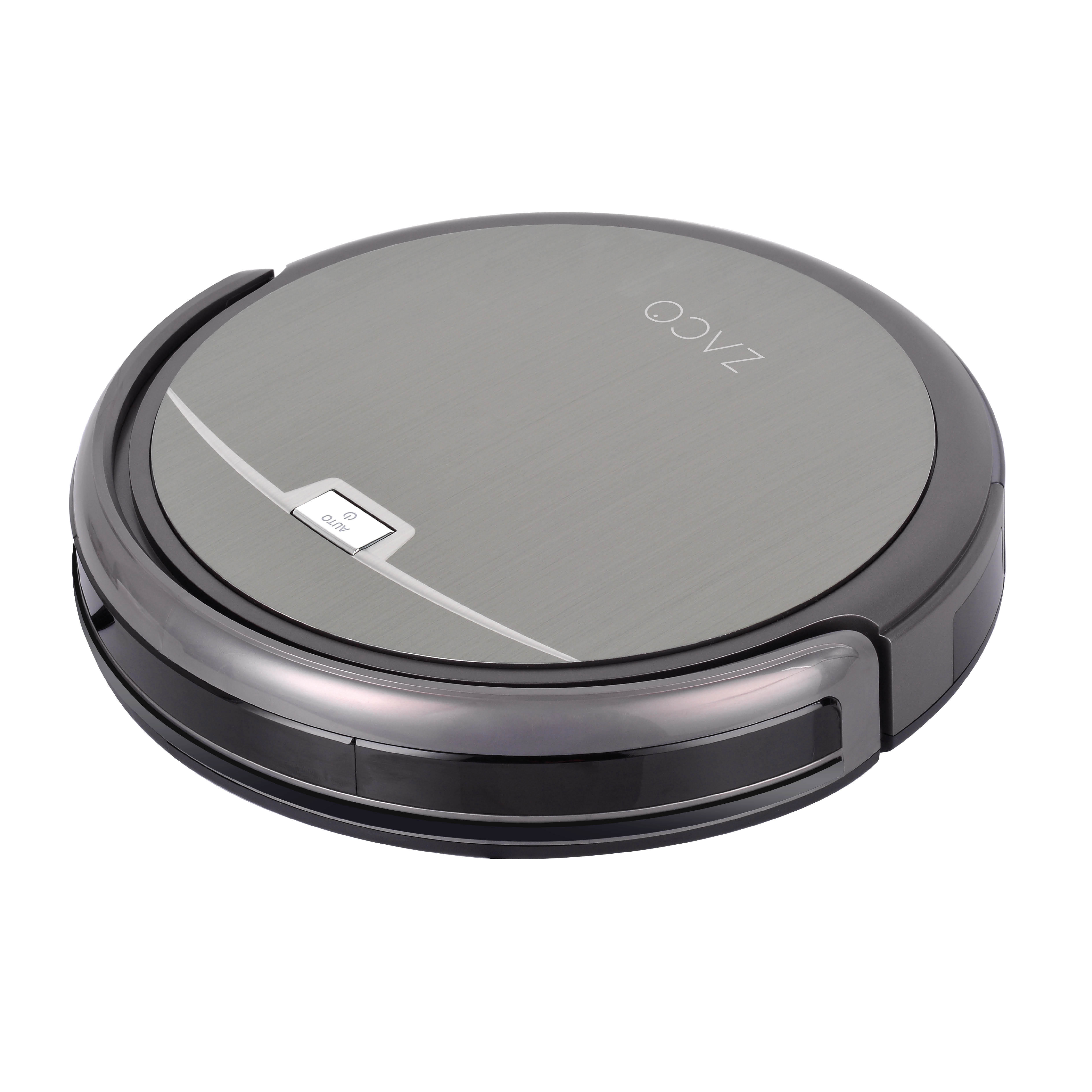 Ein runder, dunkelgrauer Roboter-Staubsauger mit dem Wort Zaco oben drauf.