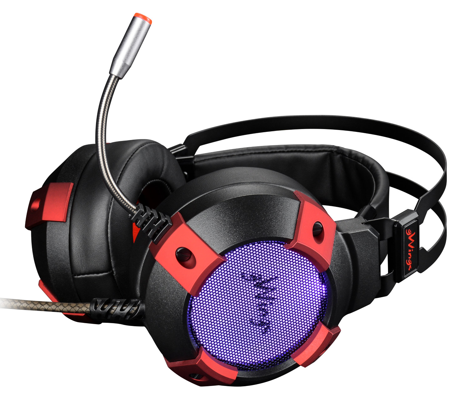 Egy fekete-piros gamer headset mikrofonnal. Lila fénye van.