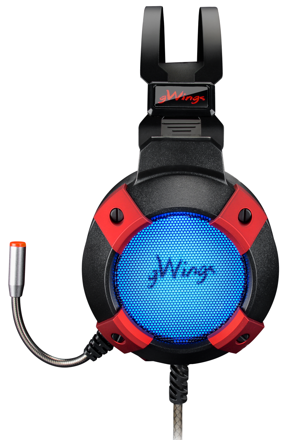 Egy gamer headset fekete és piros díszítéssel, kék fénnyel belül és mikrofonnal.
