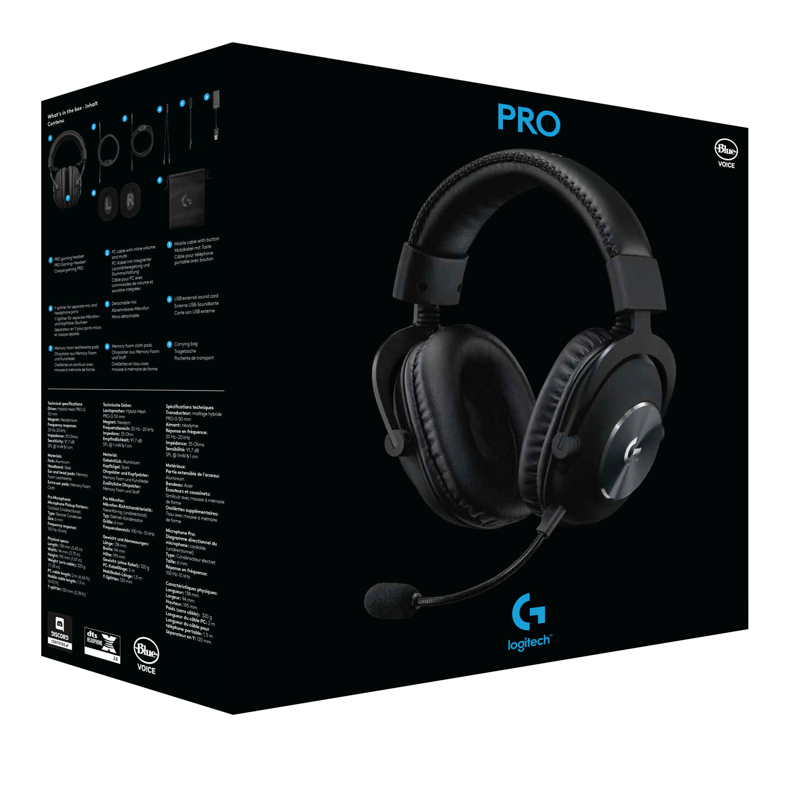 Egy Logitech Pro gamer fejhallgató doboza mikrofonnal. A doboz fekete és sötétkék.