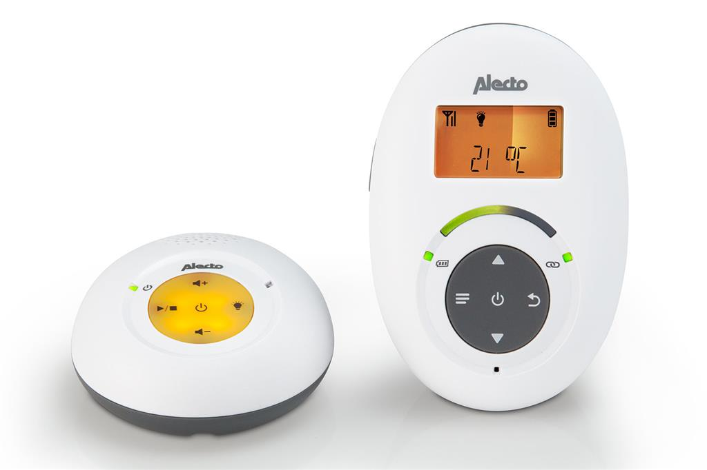A white baby monitor set with a display and control unit, and a smaller circular one.