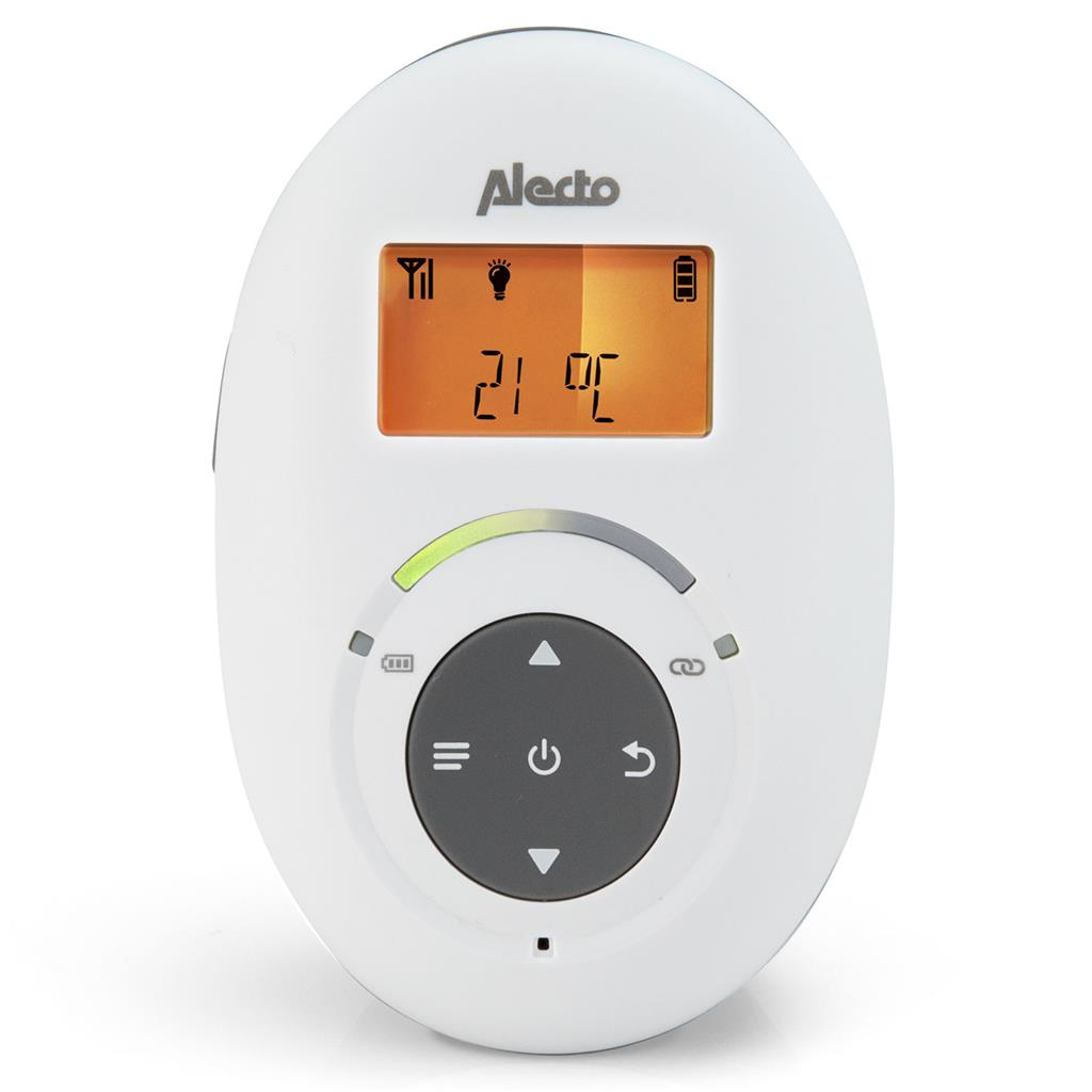 White baby monitor with a screen showing numbers and icons.