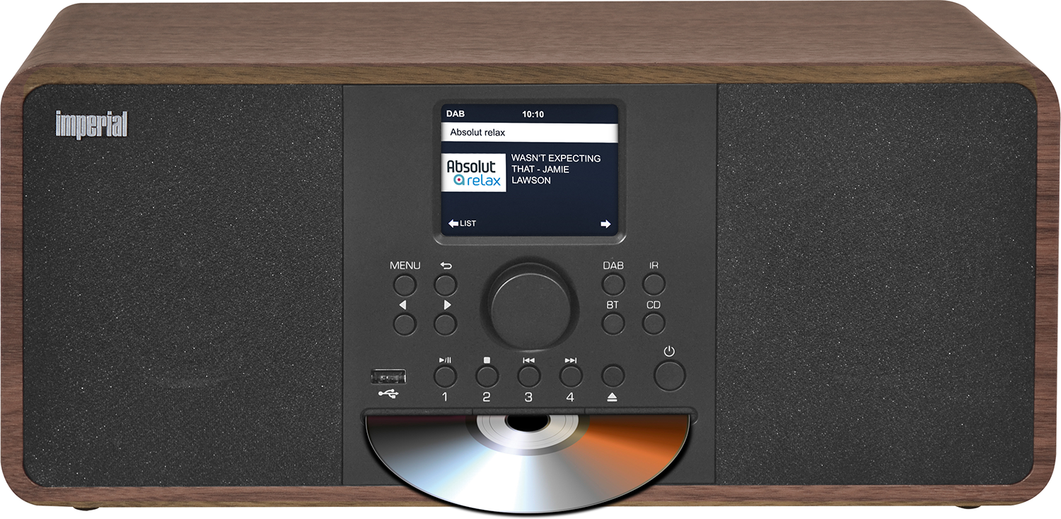 Houten radio met een scherm dat 'Absolut relax' weergeeft, met een cd-speler eronder.