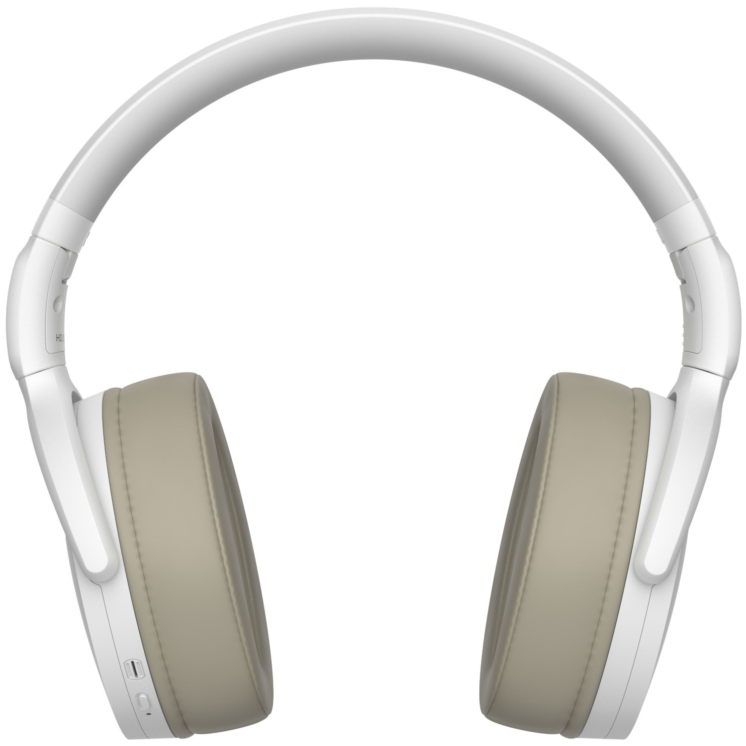 Un casque blanc avec des coussinets beiges, vu de haut en bas. Le bandeau est courbé.