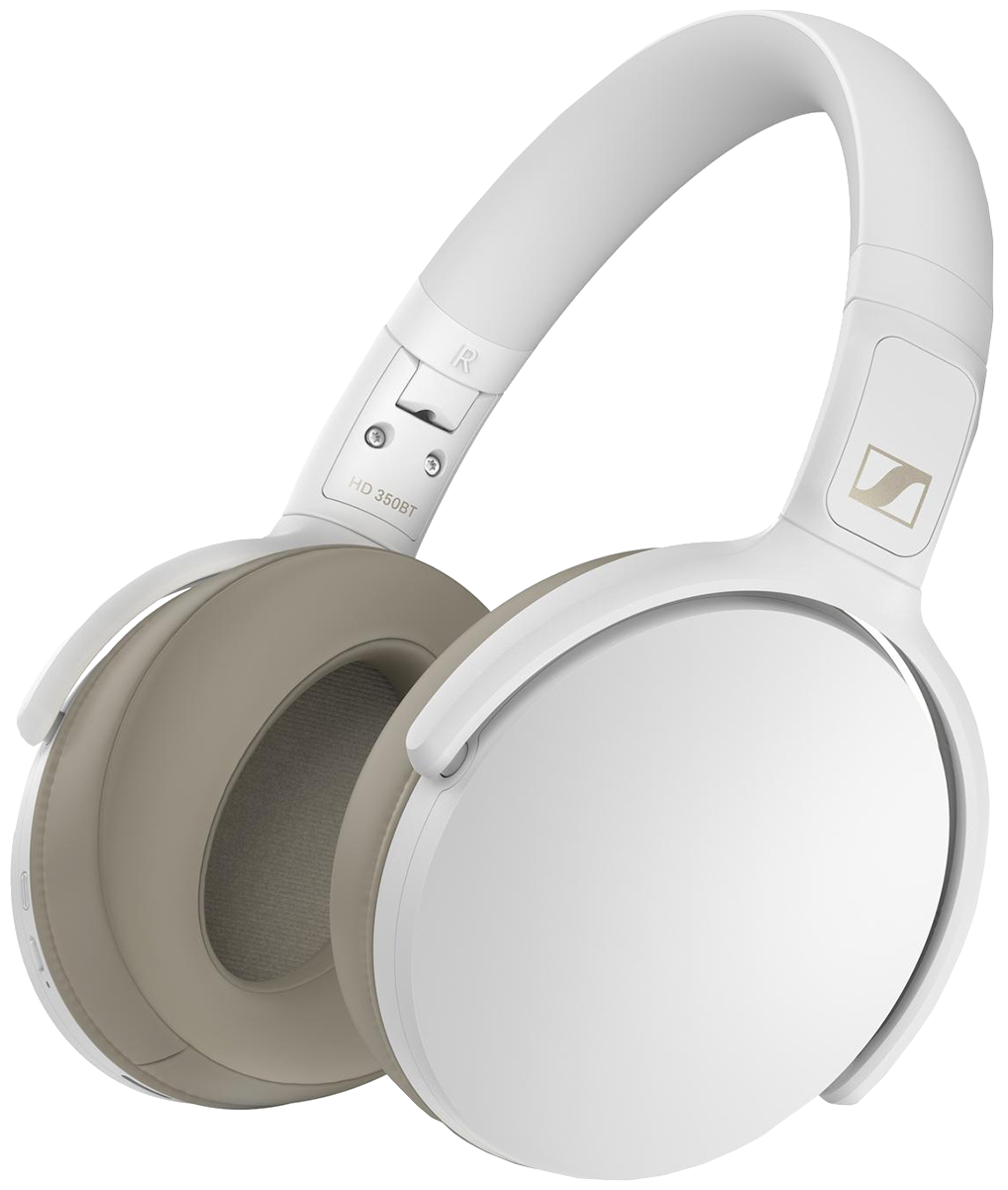 Casque sans fil blanc avec un coussinet beige. La marque est visible.