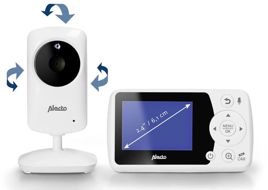 Moniteur bébé blanc avec caméra et écran. Flèches montrant le mouvement de la caméra.
