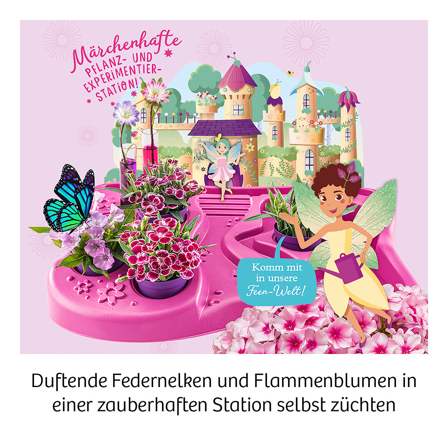 Eine Kinderpflanzenstation mit Feen, Blumen und einem Schloss.