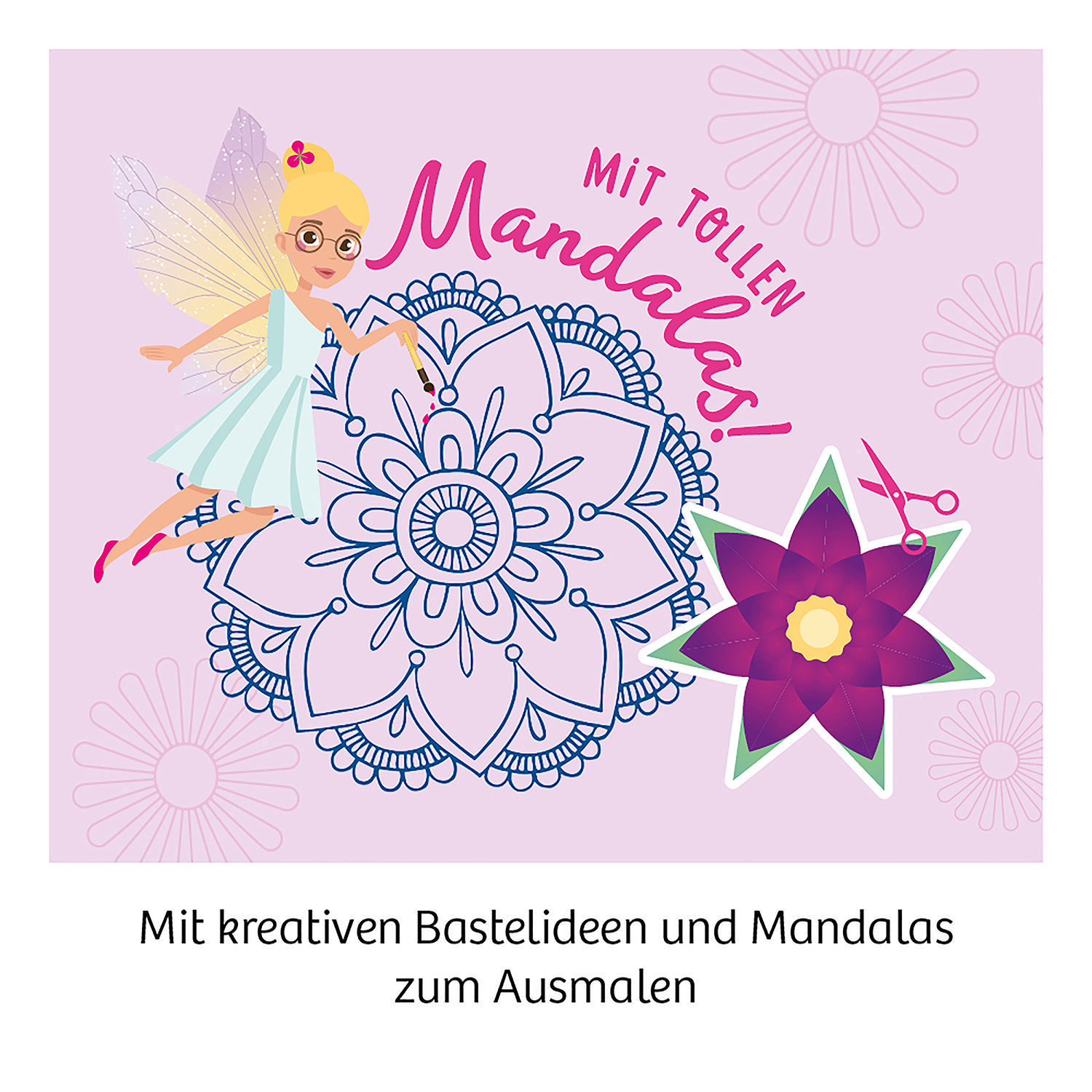 Eine Fee zeichnet ein Mandala mit einem Stift und Schere neben einem ausgeschnittenen Mandala.