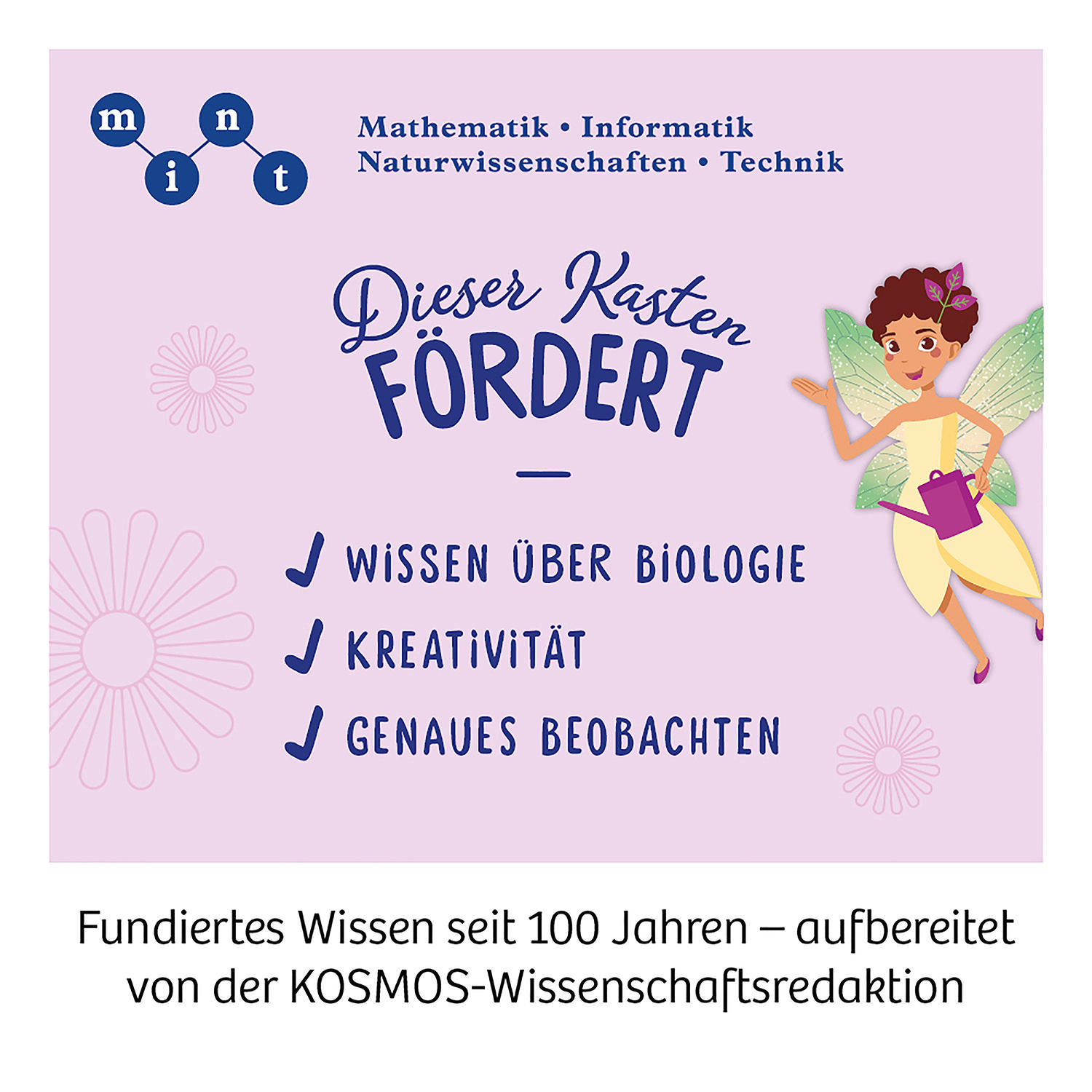 Eine Grafik mit Text und einer Cartoon-Fee, die einen Wissenschaftsbausatz bewirbt.