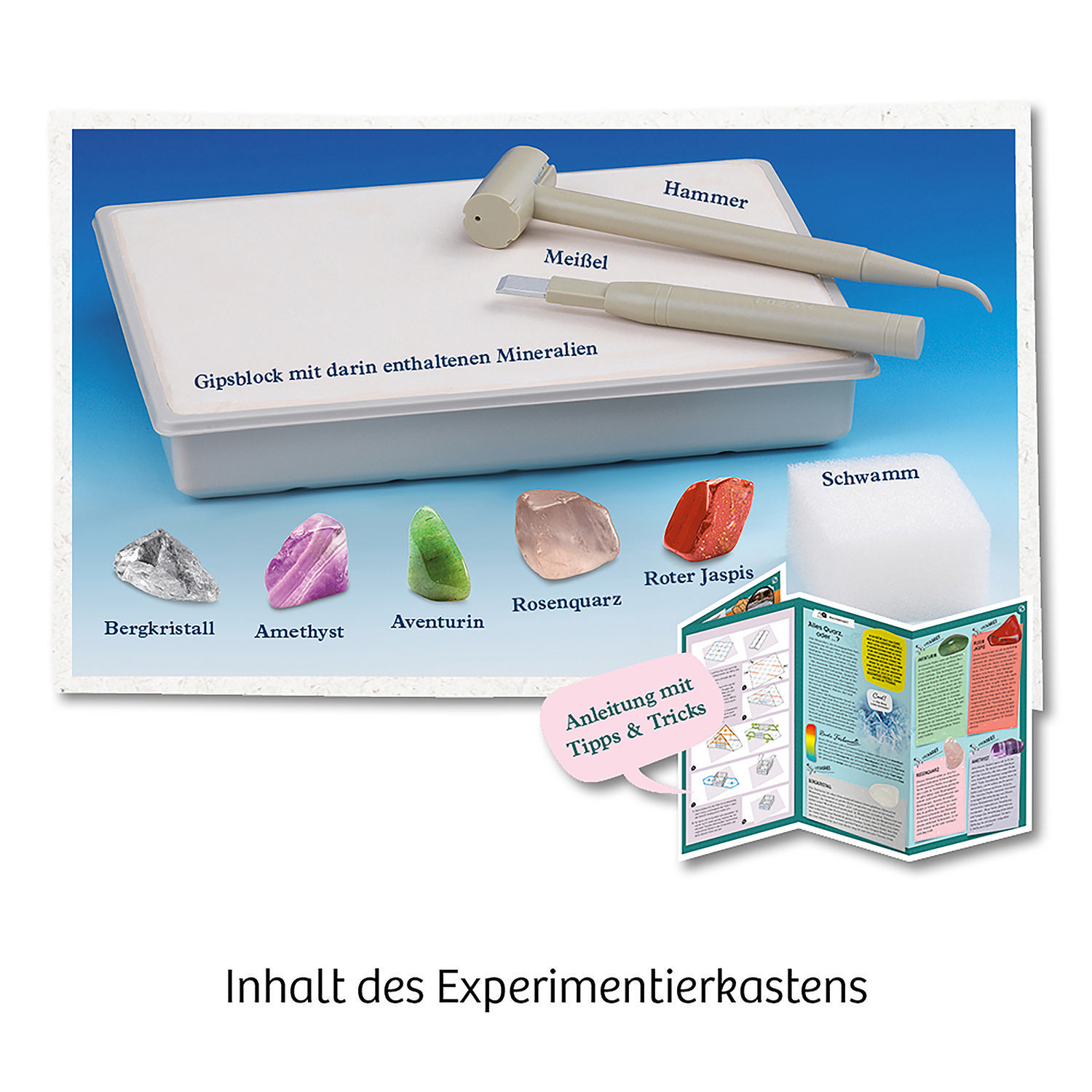 Kit mit Mineralien, Werkzeugen und Anweisungen. Enthält Kristalle, Hammer, Meißel und Schwamm.