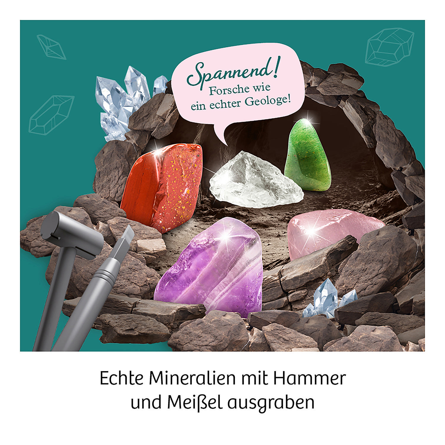 Eine farbenfrohe Darstellung von Edelsteinen und Werkzeugen in einer Felsformation.