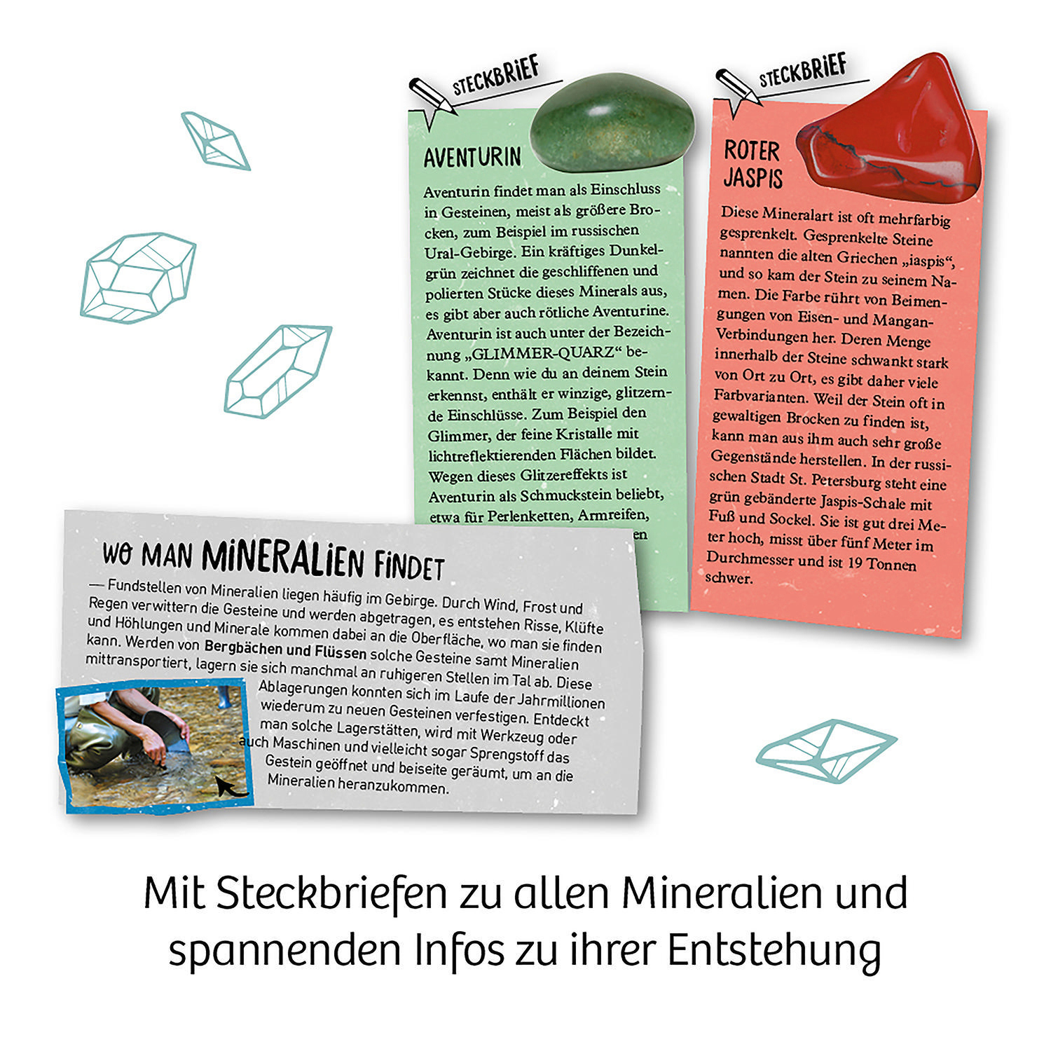 Informativer Text über Mineralien, mit Bildern von grünen und roten Steinen.