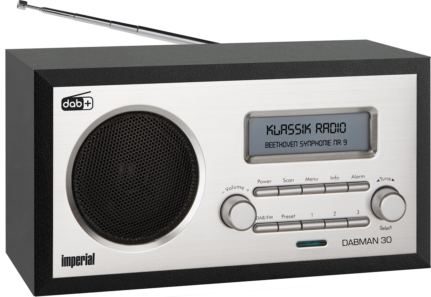 Een zwarte en zilveren DAB-radio met een display en diverse bedieningsknoppen. Een zilveren antenne steekt uit.