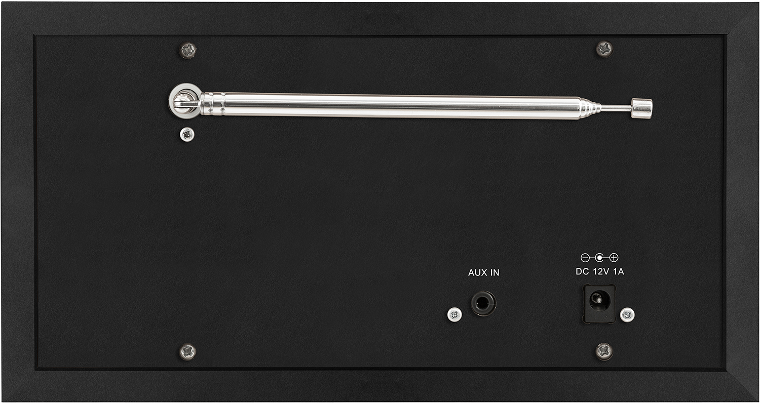 Zwart achterpaneel van een stereoreceiver, met aux in- en DC 12V 1A-ingangen.