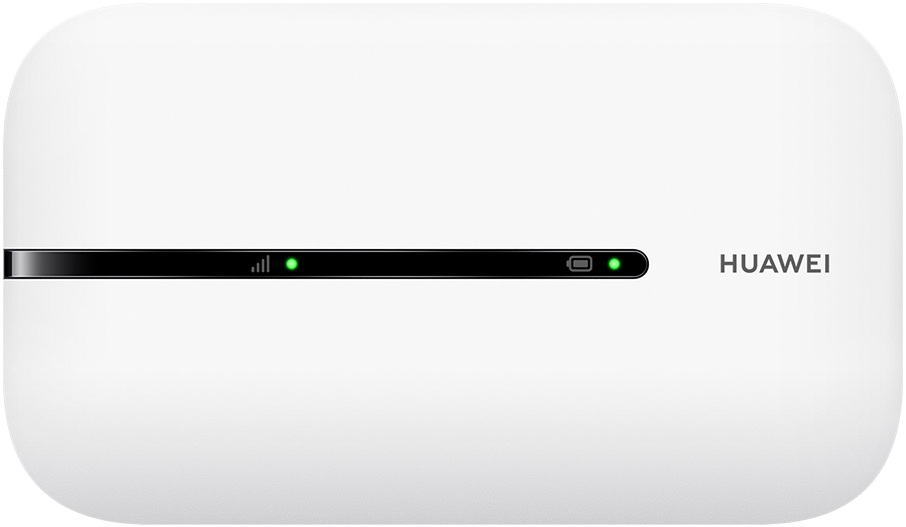 Fehér Huawei mobil WiFi eszköz fekete csíkkal, két zöld jelzőfénnyel és a Huawei logóval.