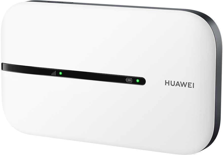 Fehér Huawei mobil wifi eszköz fekete díszítéssel és zöld LED-jelzőkkel. A Huawei logója jobbra látható.