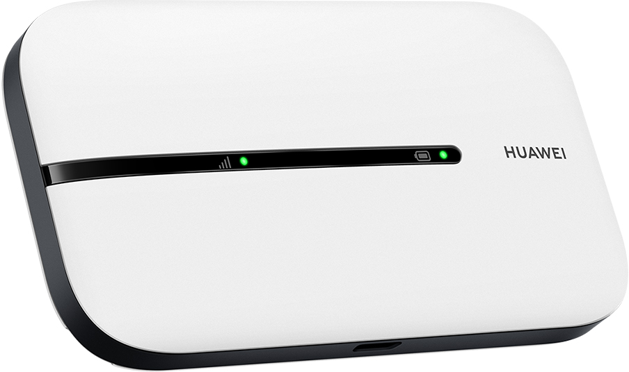 Egy fehér Huawei mobil WiFi eszköz fekete szegéllyel és zöld jelzőfényekkel. A Huawei logója látható.