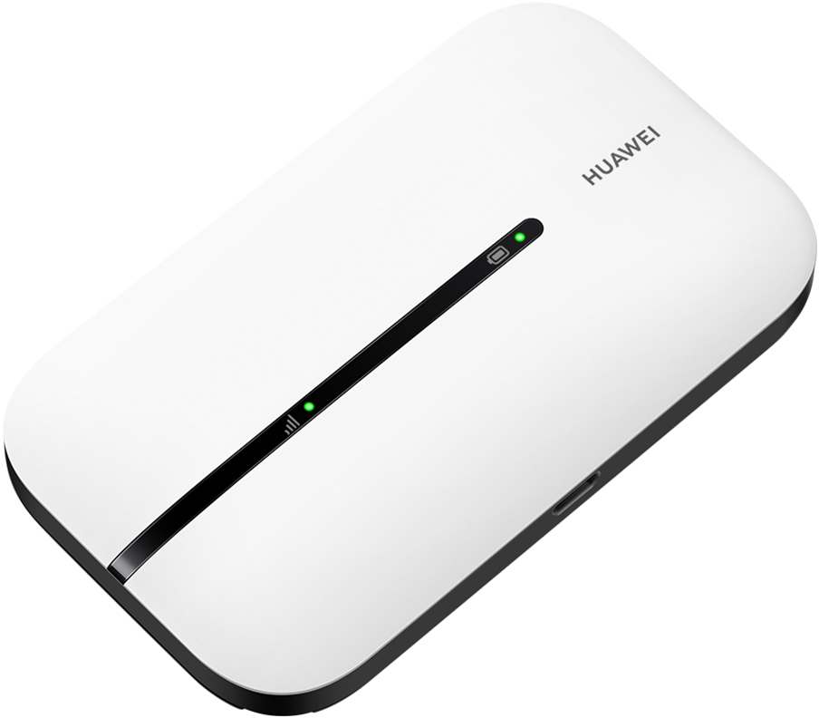 Egy fehér Huawei mobil hotspot eszköz fekete csíkkal és zöld jelzőfényekkel. Az eszköz lekerekített élekkel rendelkezik.